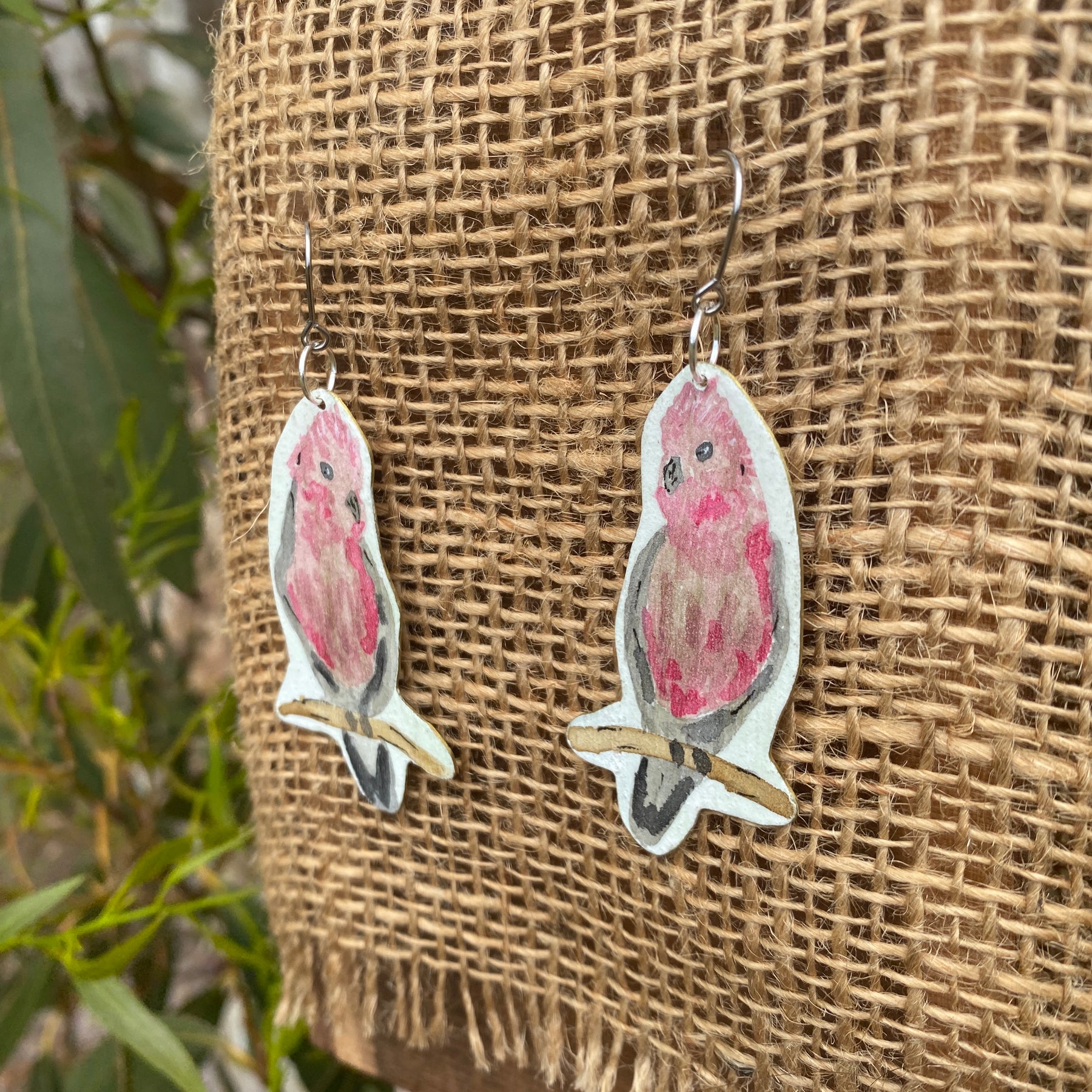 Galah Earrings - Hand painted watercolour statement jewellery