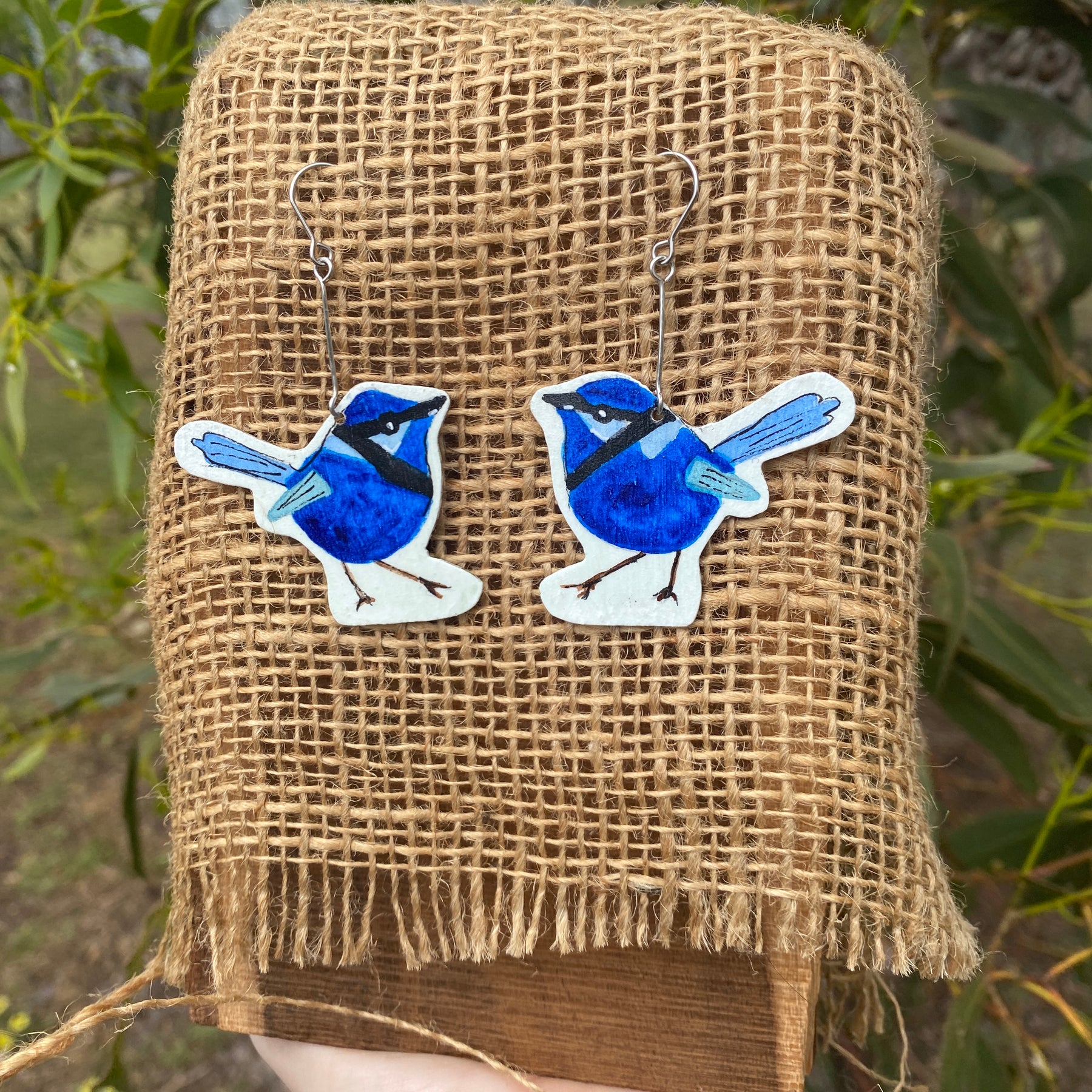 Fairy Wren Earrings - Hand-painted brass statement jewellery