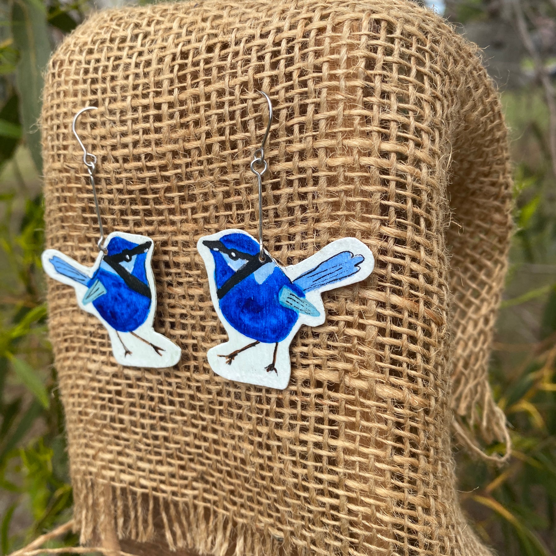 Fairy Wren Earrings - Hand-painted brass statement jewellery
