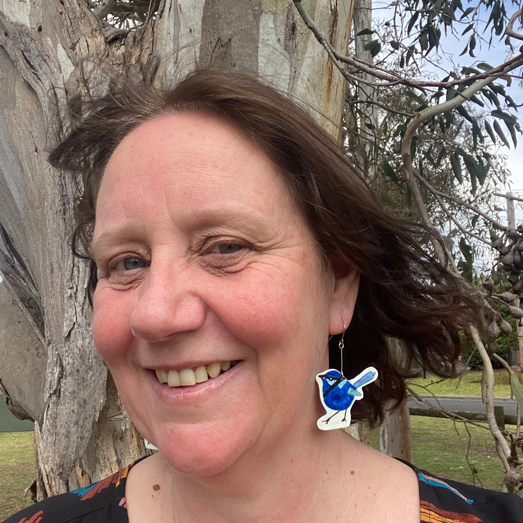Fairy Wren Earrings - Hand-painted brass statement jewellery