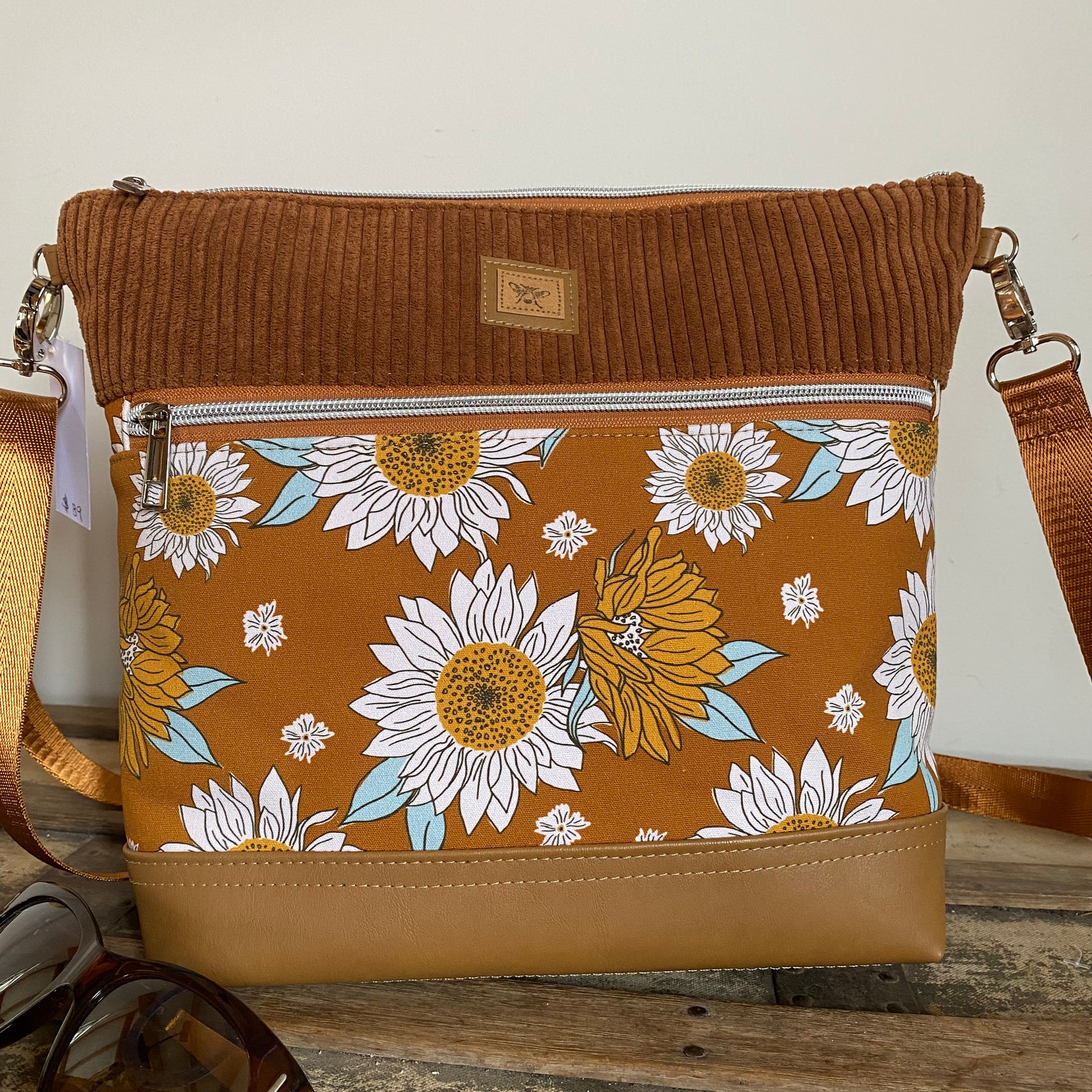 Lola Crossbody Bag - Sunflowers on Mustard with Tan Faux Leather