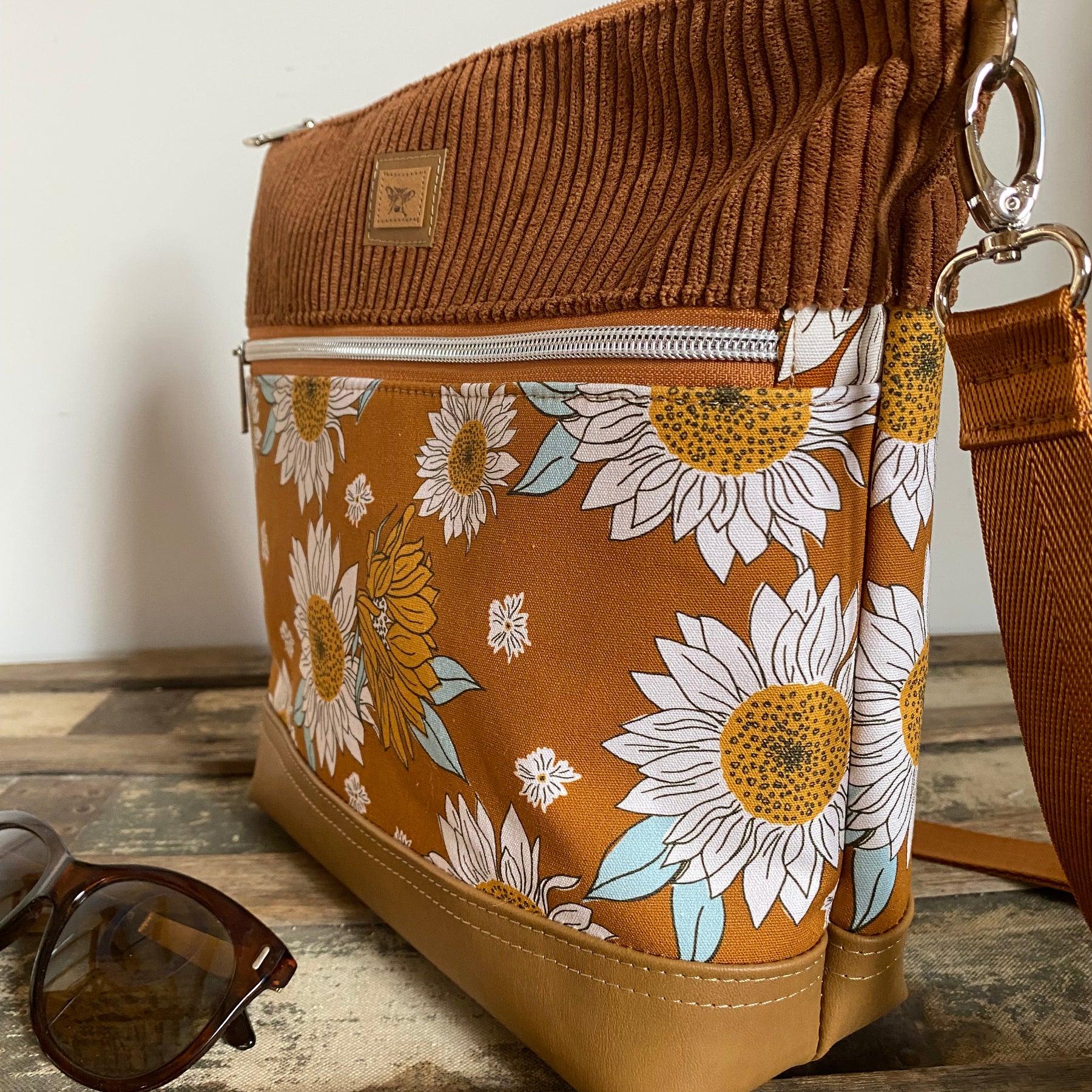 Lola Crossbody Bag - Sunflowers on Mustard with Tan Faux Leather
