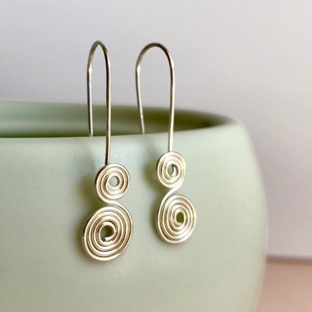 Double spirals drop earrings | Sterling silver, 14k Gold-filled | Dangle or Stud | Celtic-inspired jewellery