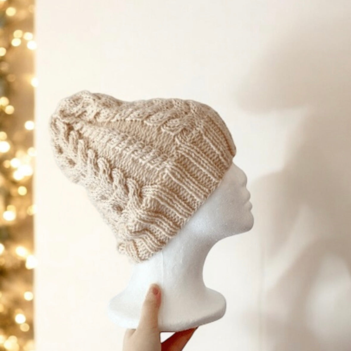 Hand knit Cable Knitted knit hat in ecru
