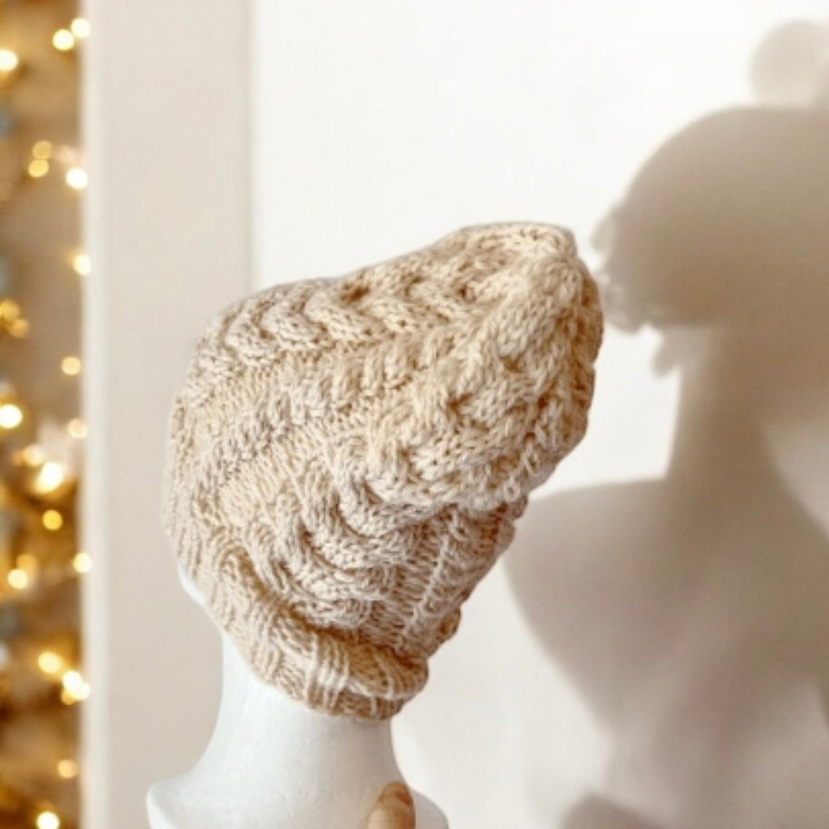 Hand knit Cable Knitted knit hat in ecru