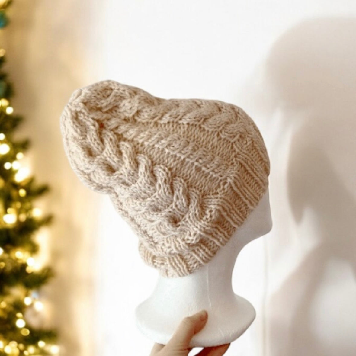 Hand knit Cable Knitted knit hat in ecru