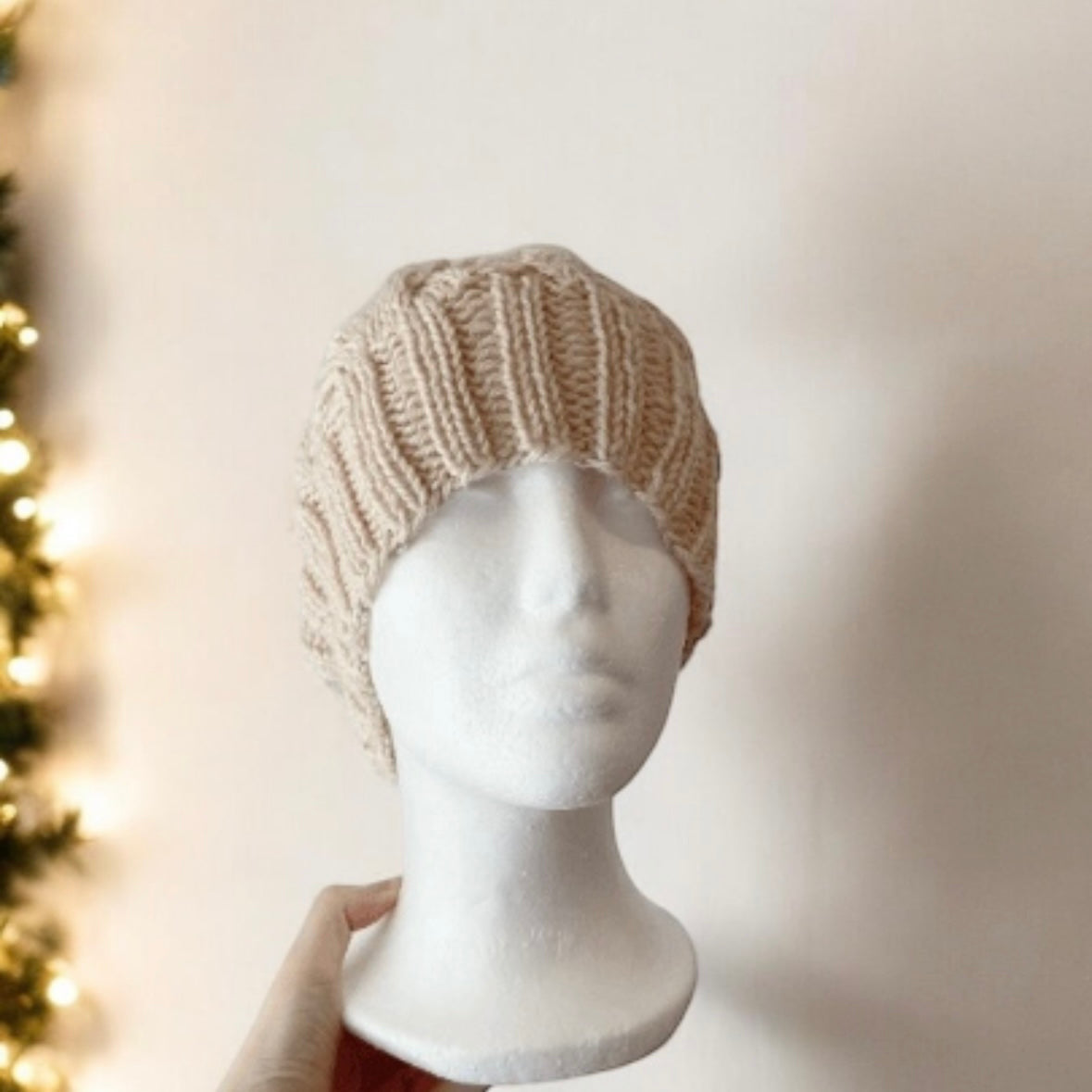 Hand knit Cable Knitted knit hat in ecru