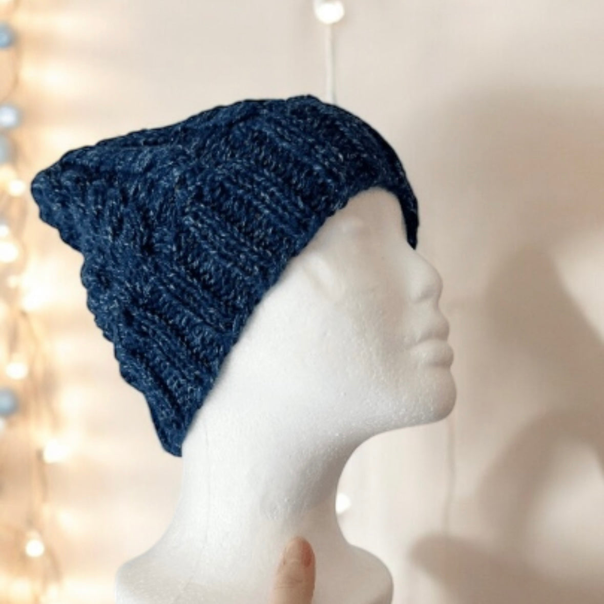 Hand knit Dark Blue Cable Knitted Beanie with Denim Effect
