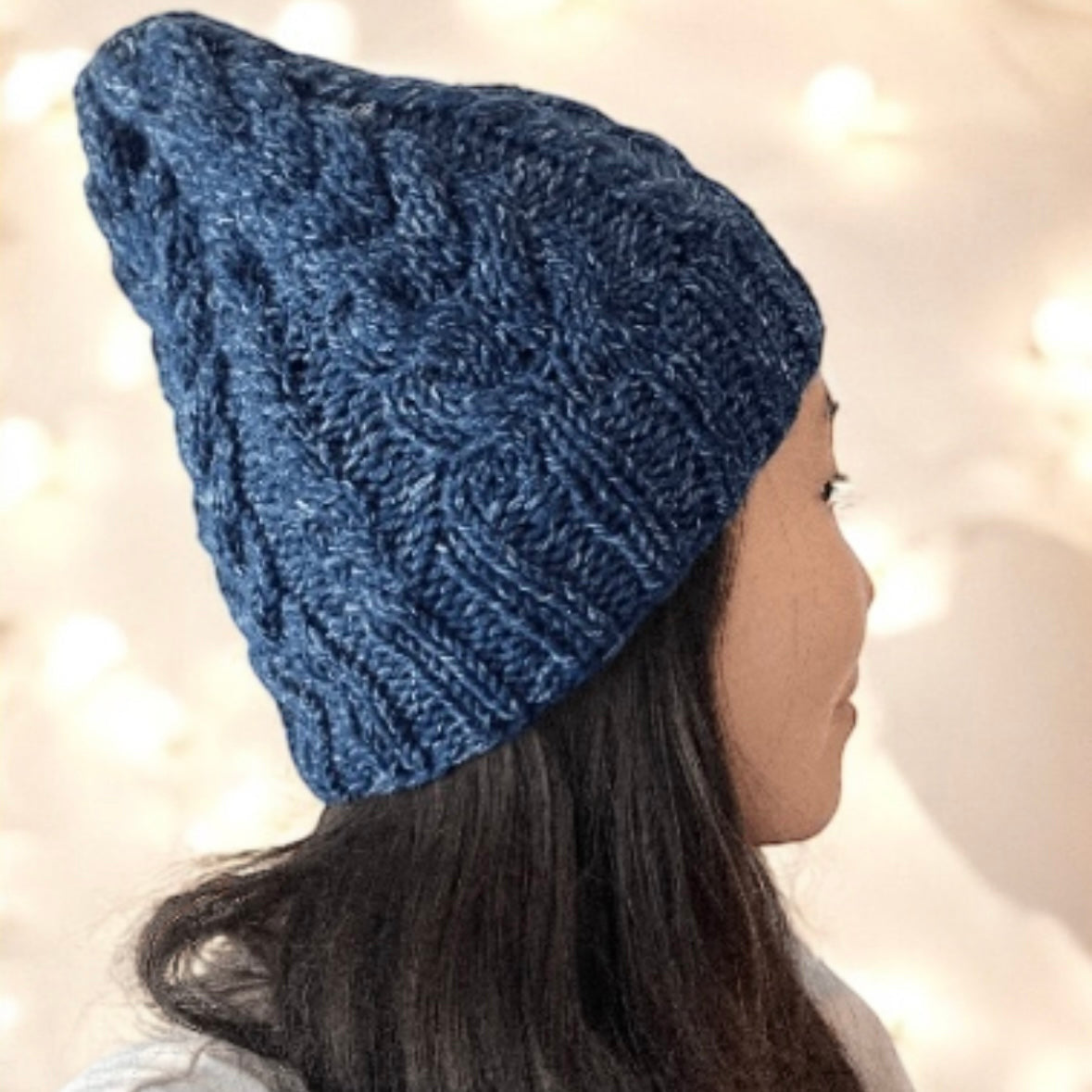 Hand knit Dark Blue Cable Knitted Beanie with Denim Effect