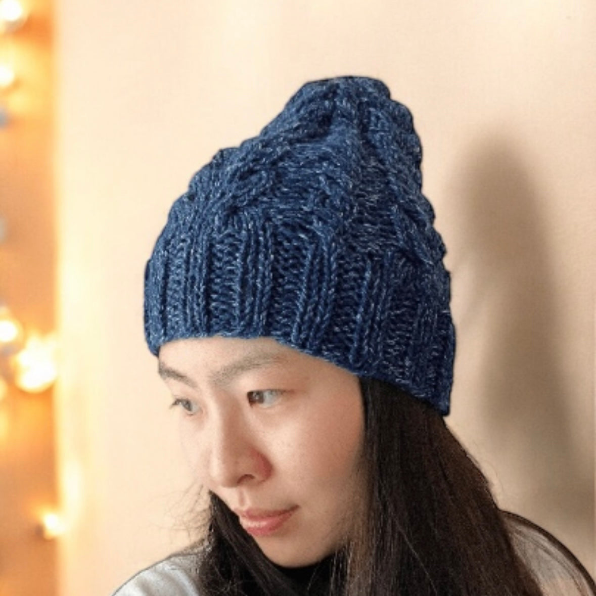 Hand knit Dark Blue Cable Knitted Beanie with Denim Effect