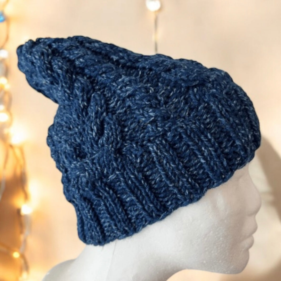 Hand knit Dark Blue Cable Knitted Beanie with Denim Effect