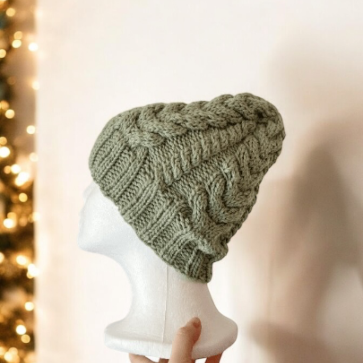 Hand knit Sage green colour cable knit beanie