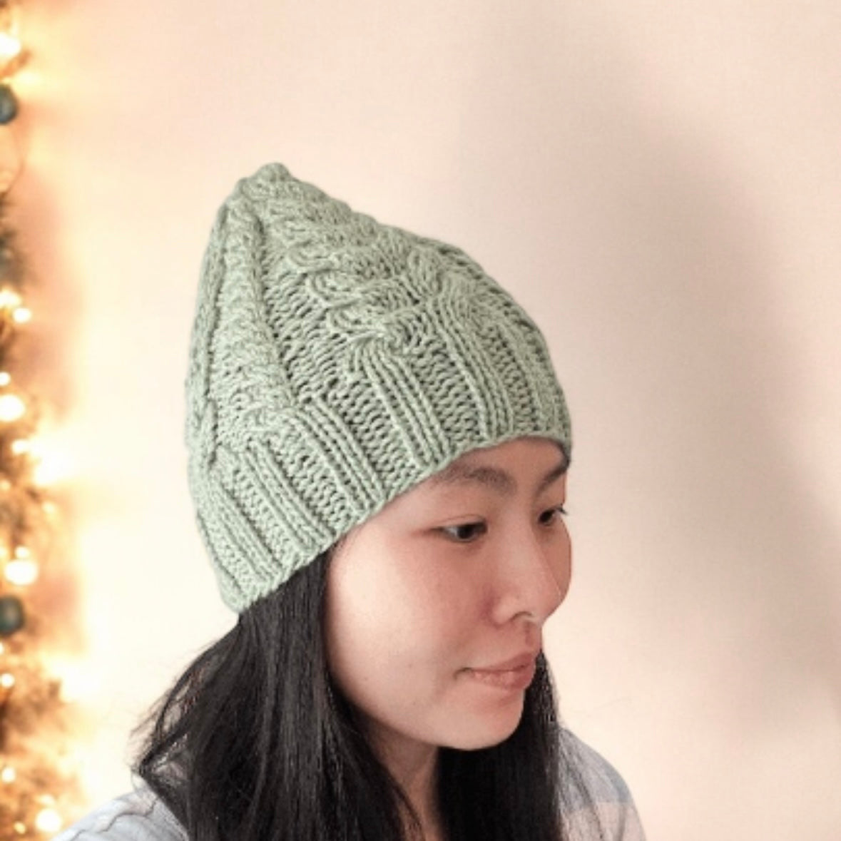 Hand knit Sage green colour cable knit beanie