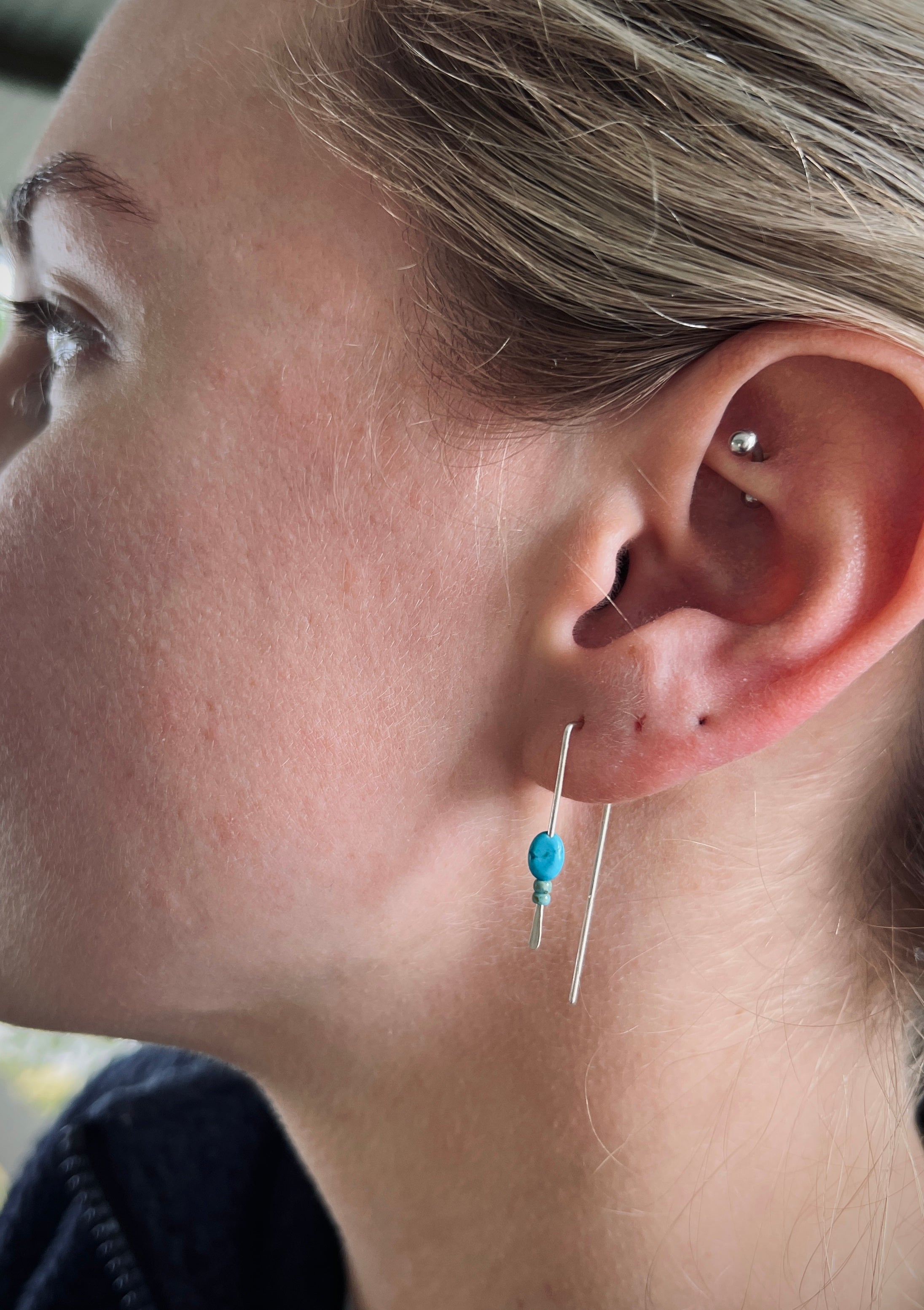 Geometric Threaded Earrings | Sterling Silver | Blue Magnesite | Tourmaline