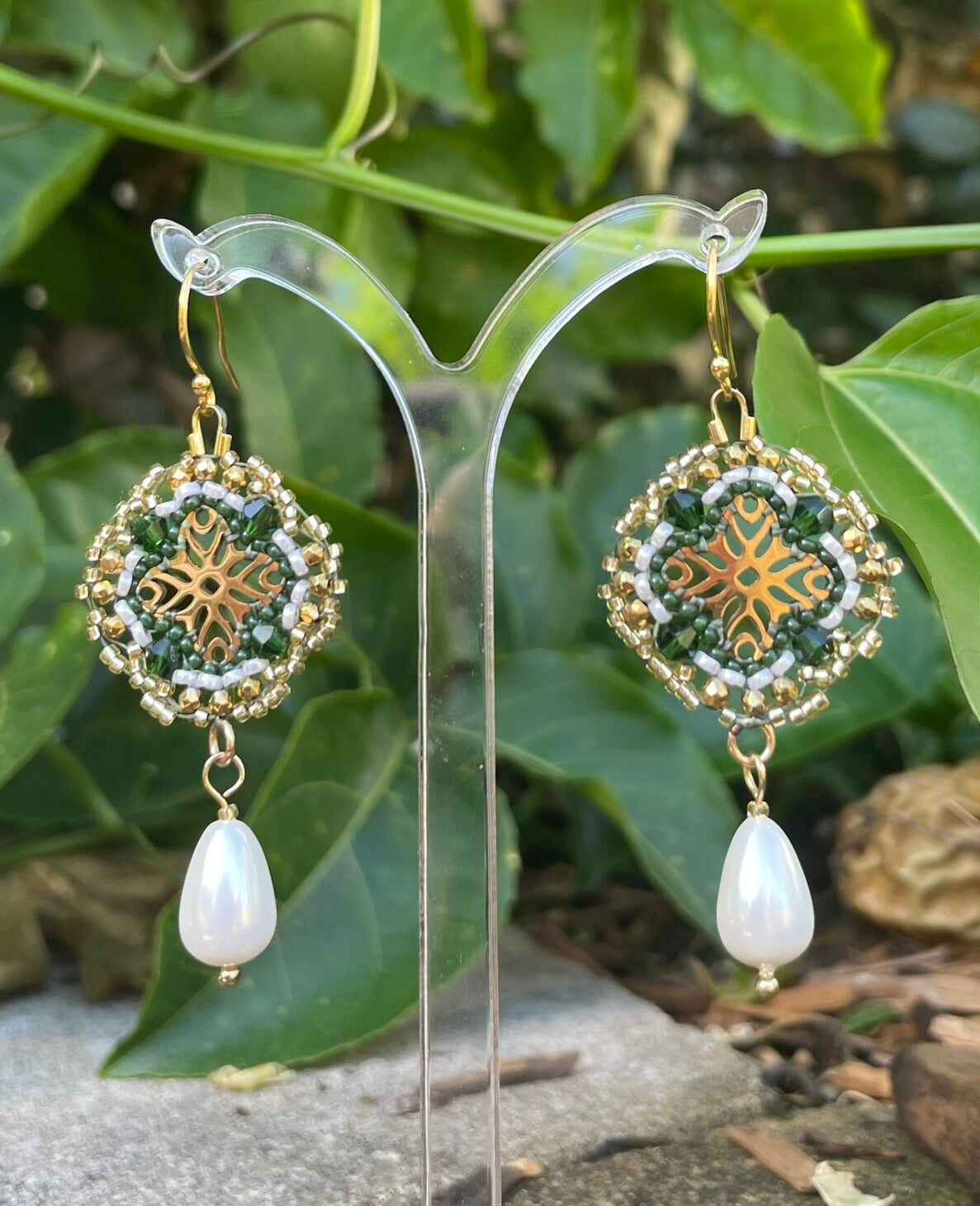 Green and gold beaded detailed earrings