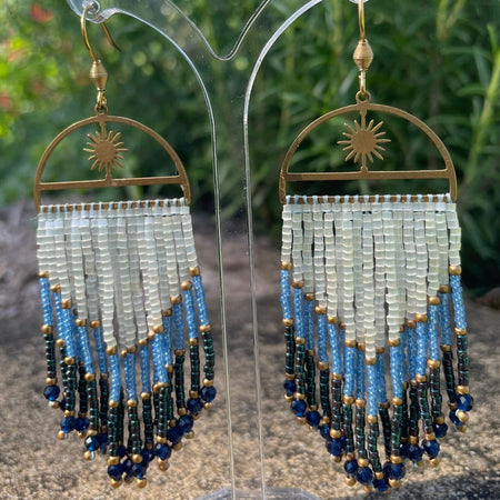 Bohemian blue and brass beaded fringe earrings