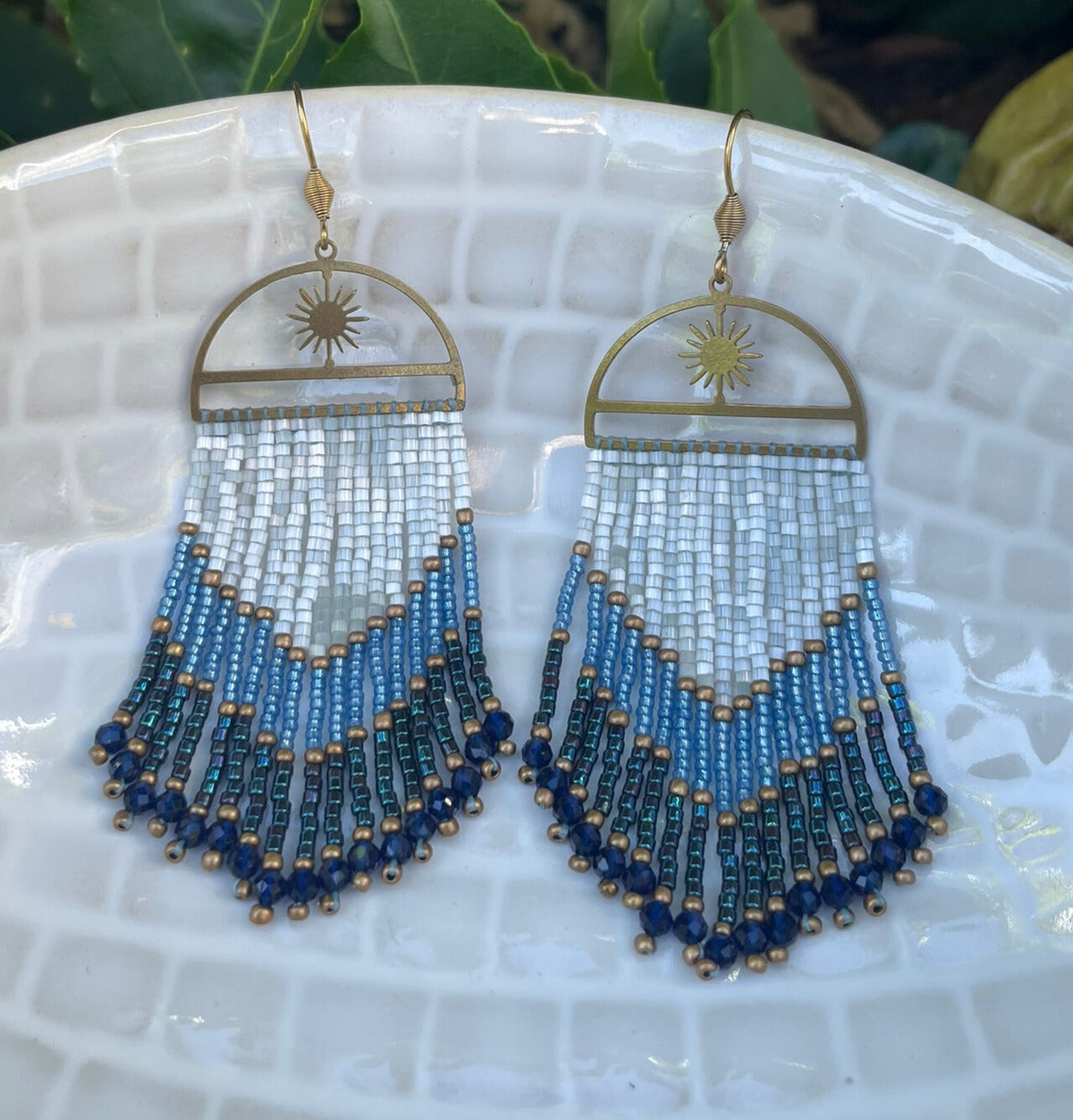 Bohemian blue and brass beaded fringe earrings