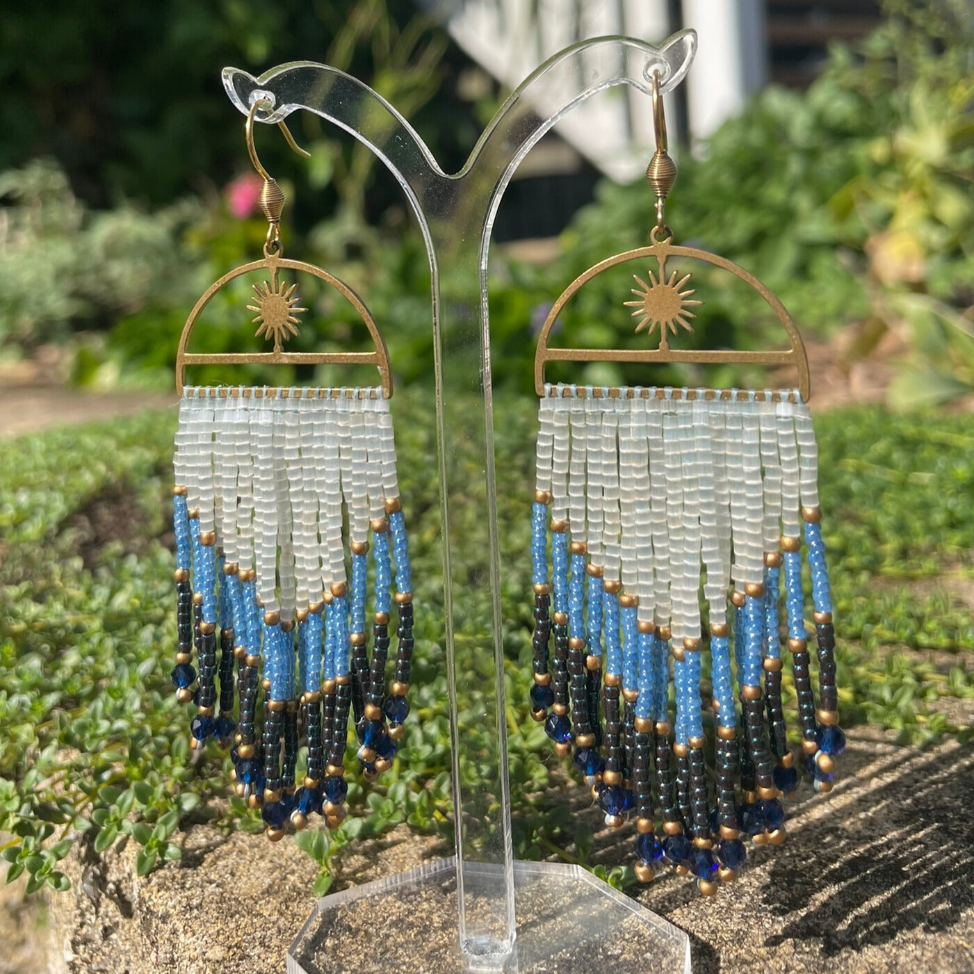 Bohemian blue and brass beaded fringe earrings