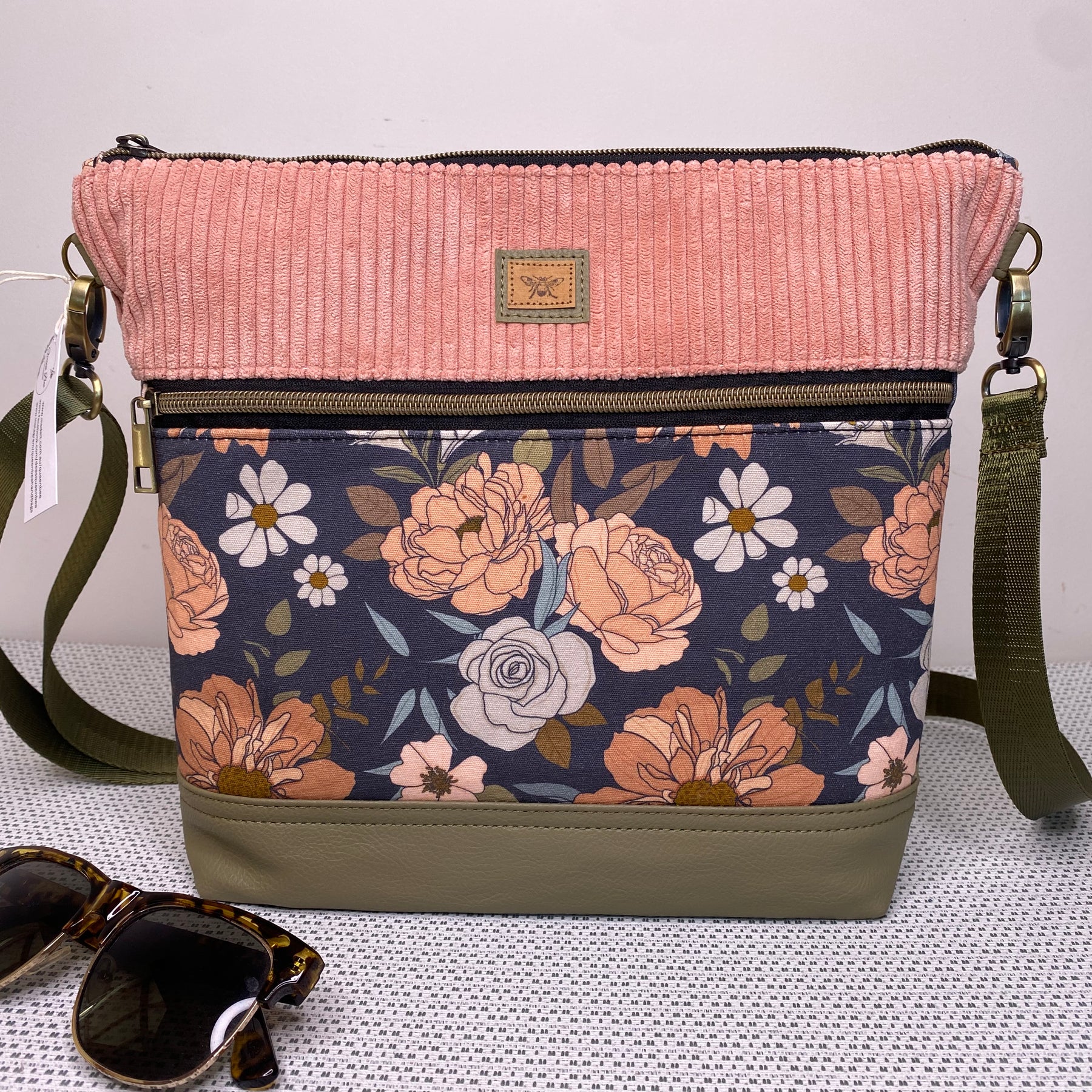 Lola Crossbody Bag - Pink Roses, Pink Corduroy and Olive Green Faux Leather