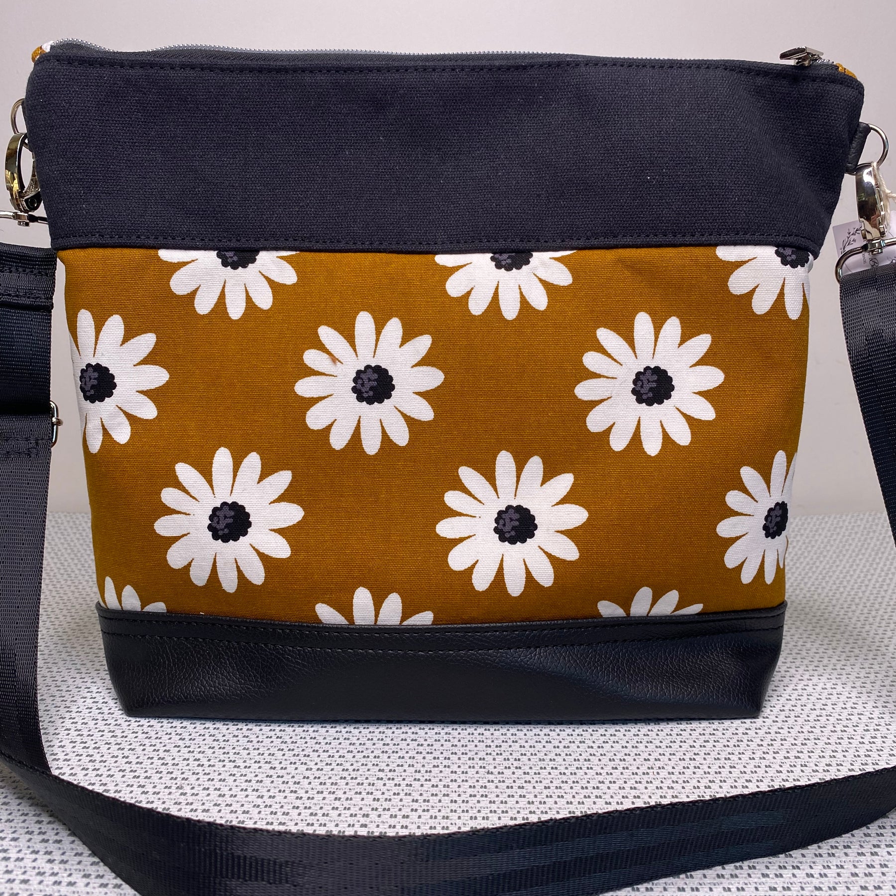 Lola Crossbody Bag - Daisies on Mustard Fabric and Black Faux Leather