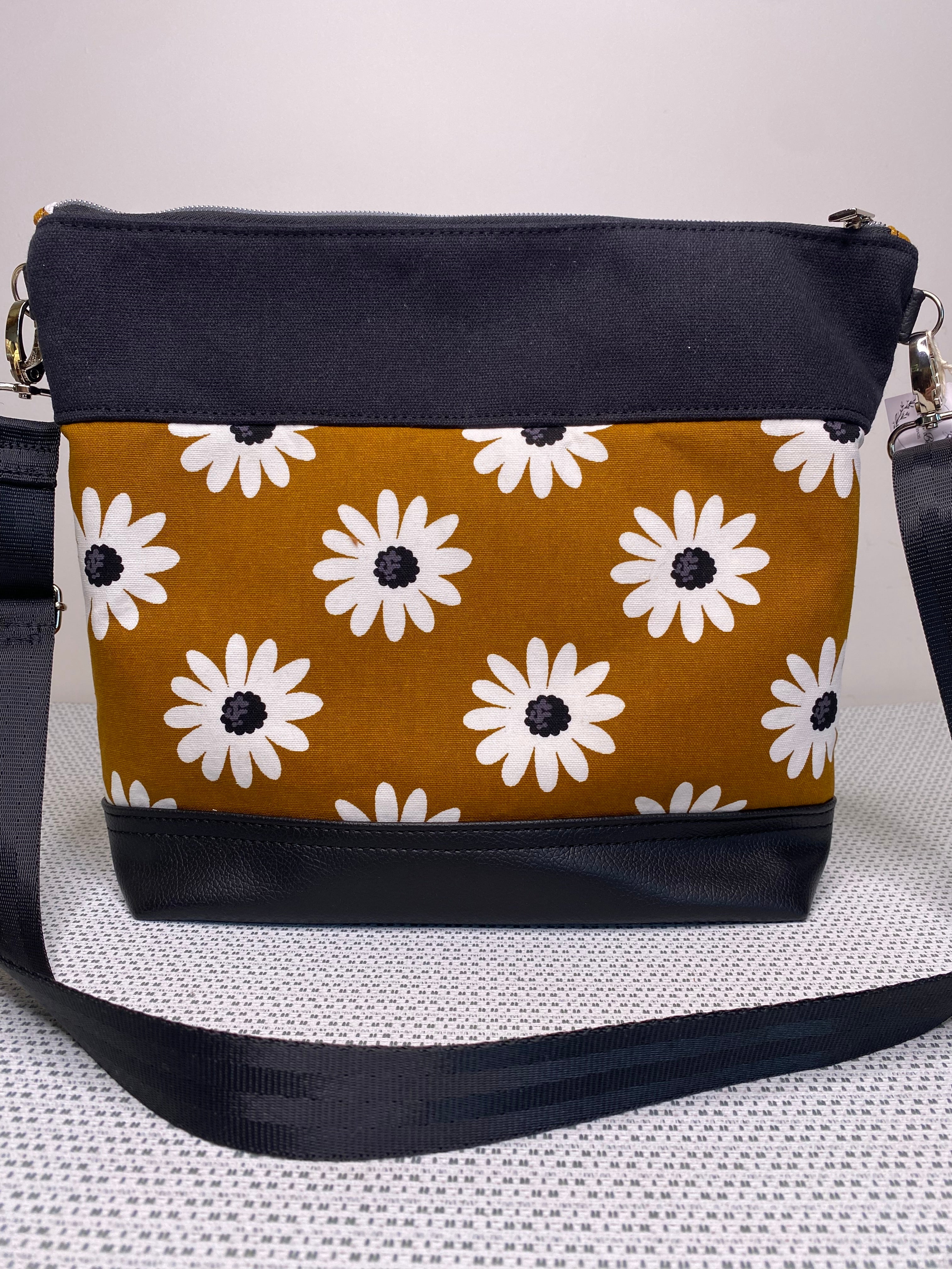 Lola Crossbody Bag - Daisies on Mustard Fabric and Black Faux Leather