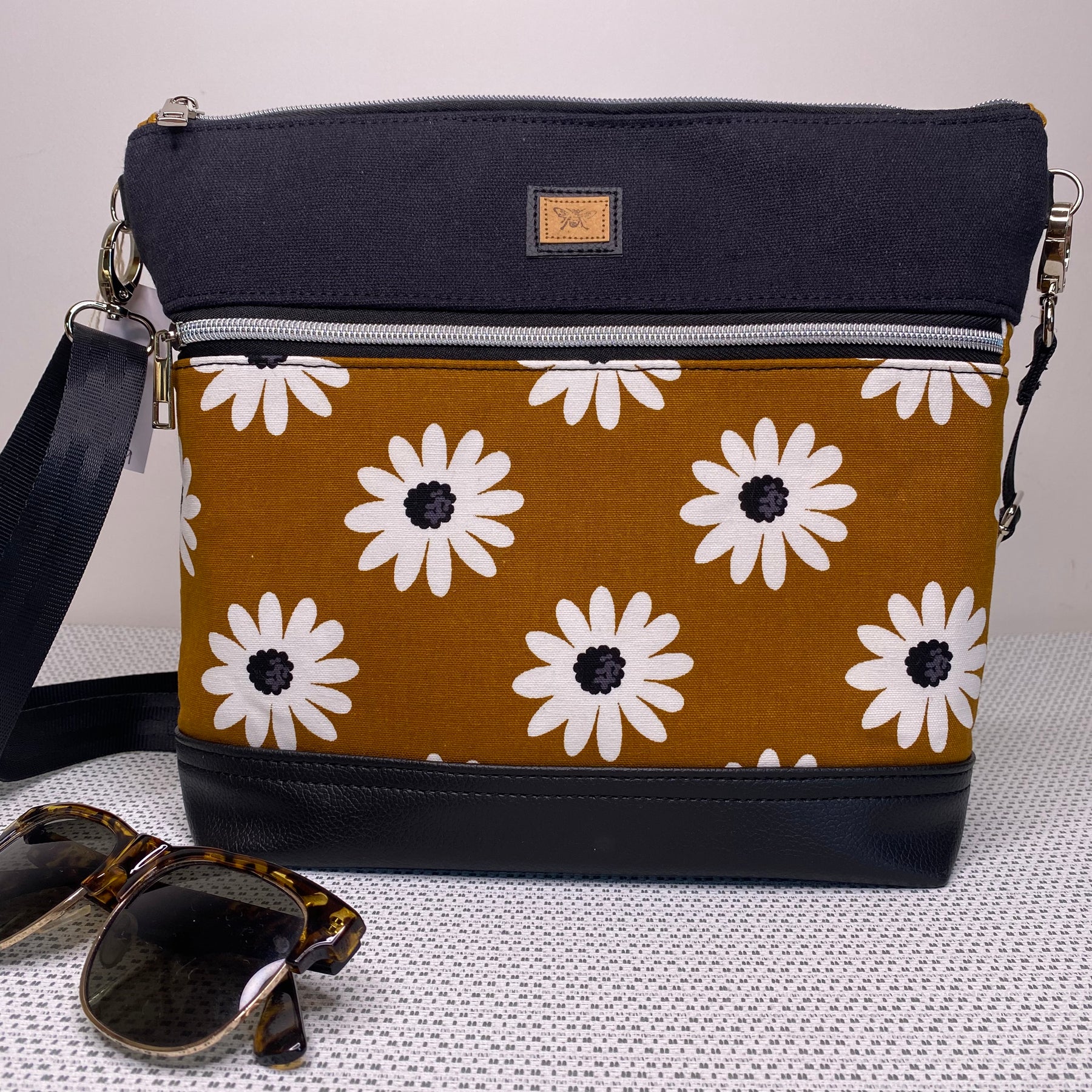 Lola Crossbody Bag - Daisies on Mustard Fabric and Black Faux Leather