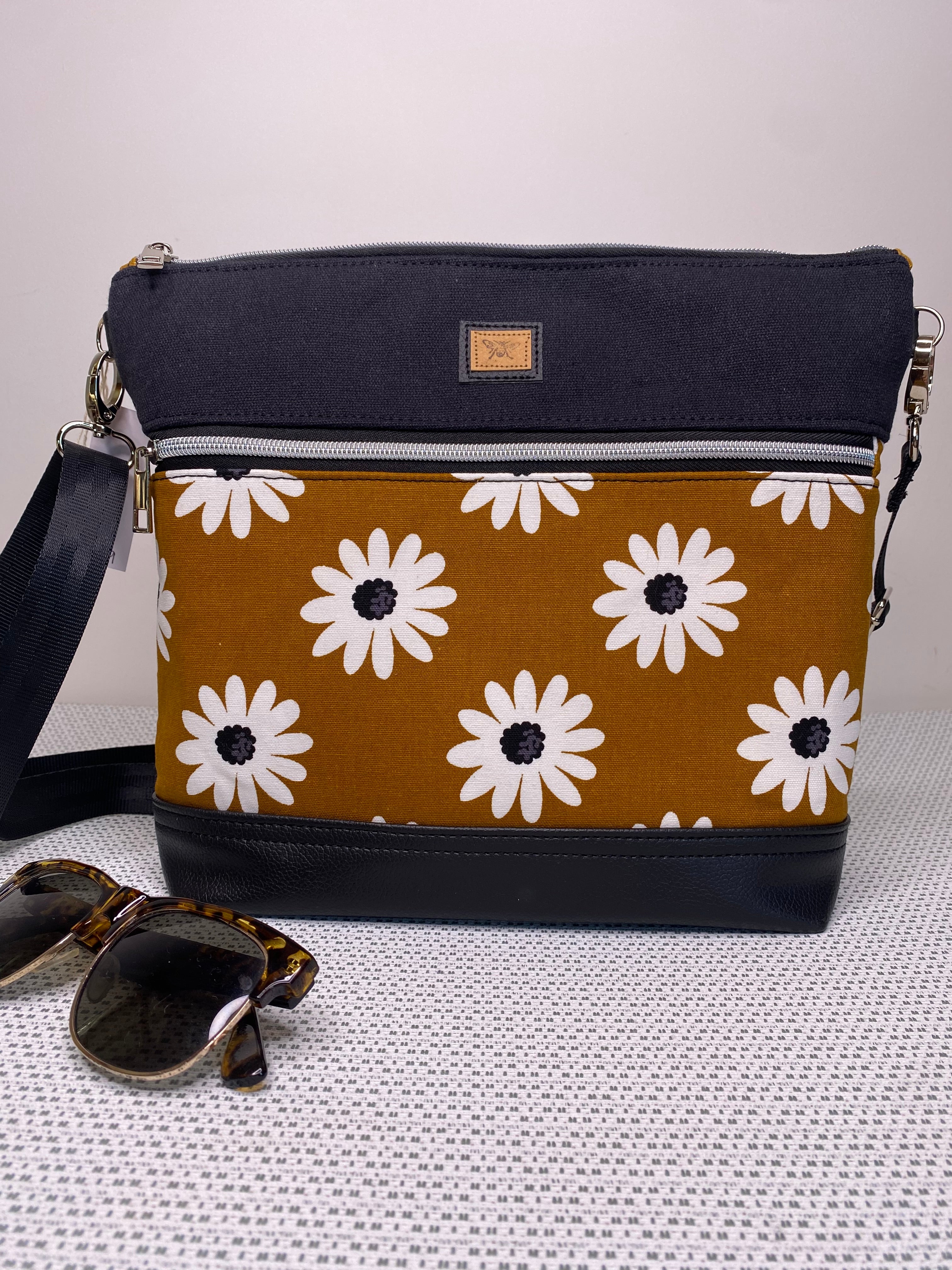 Lola Crossbody Bag - Daisies on Mustard Fabric and Black Faux Leather