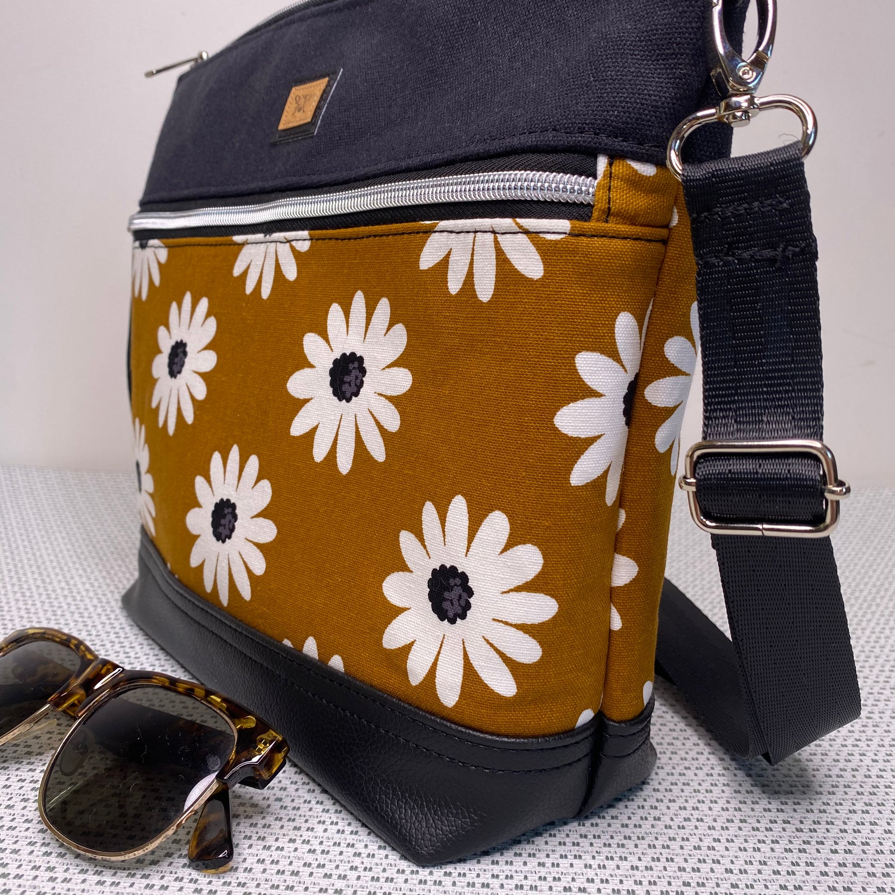 Lola Crossbody Bag - Daisies on Mustard Fabric and Black Faux Leather