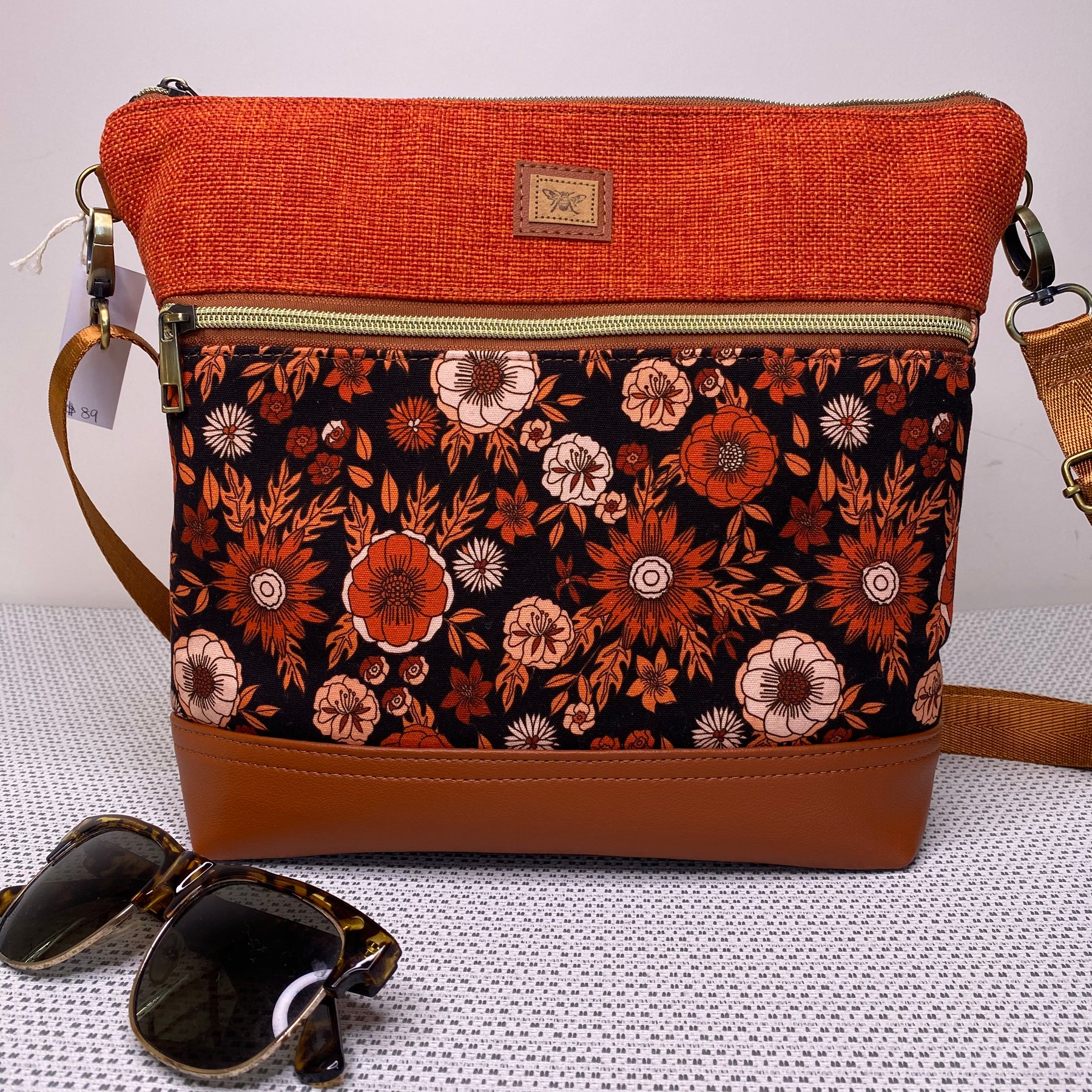 Lola Crossbody Bag - Tan & Orange Retro Floral Fabric, Orange Co-ordinating Fabric and Tan Faux Leather