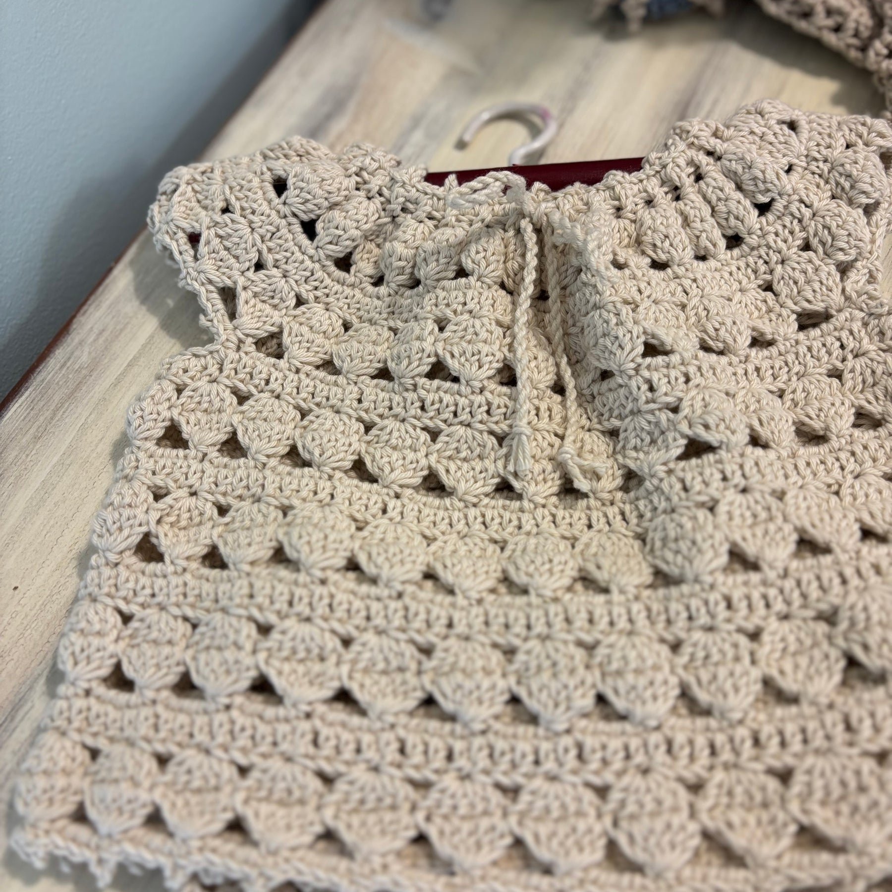 Retro style crocheted smock and matching bloomers set.