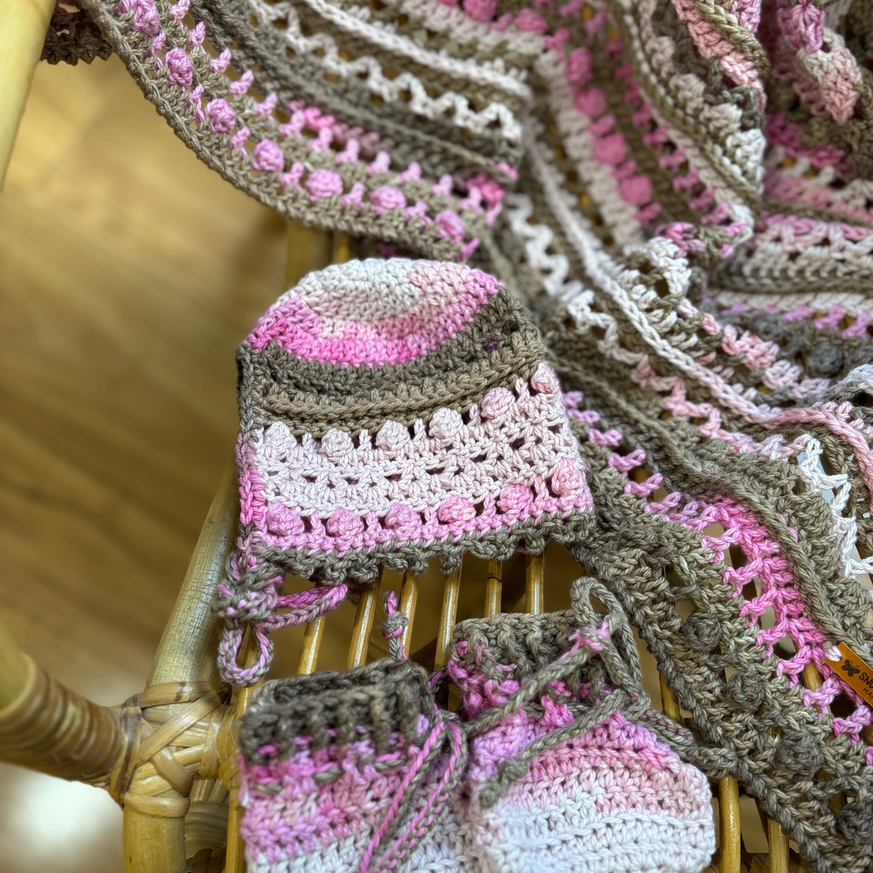 Crocheted baby Blankie, bonnet and bootie set