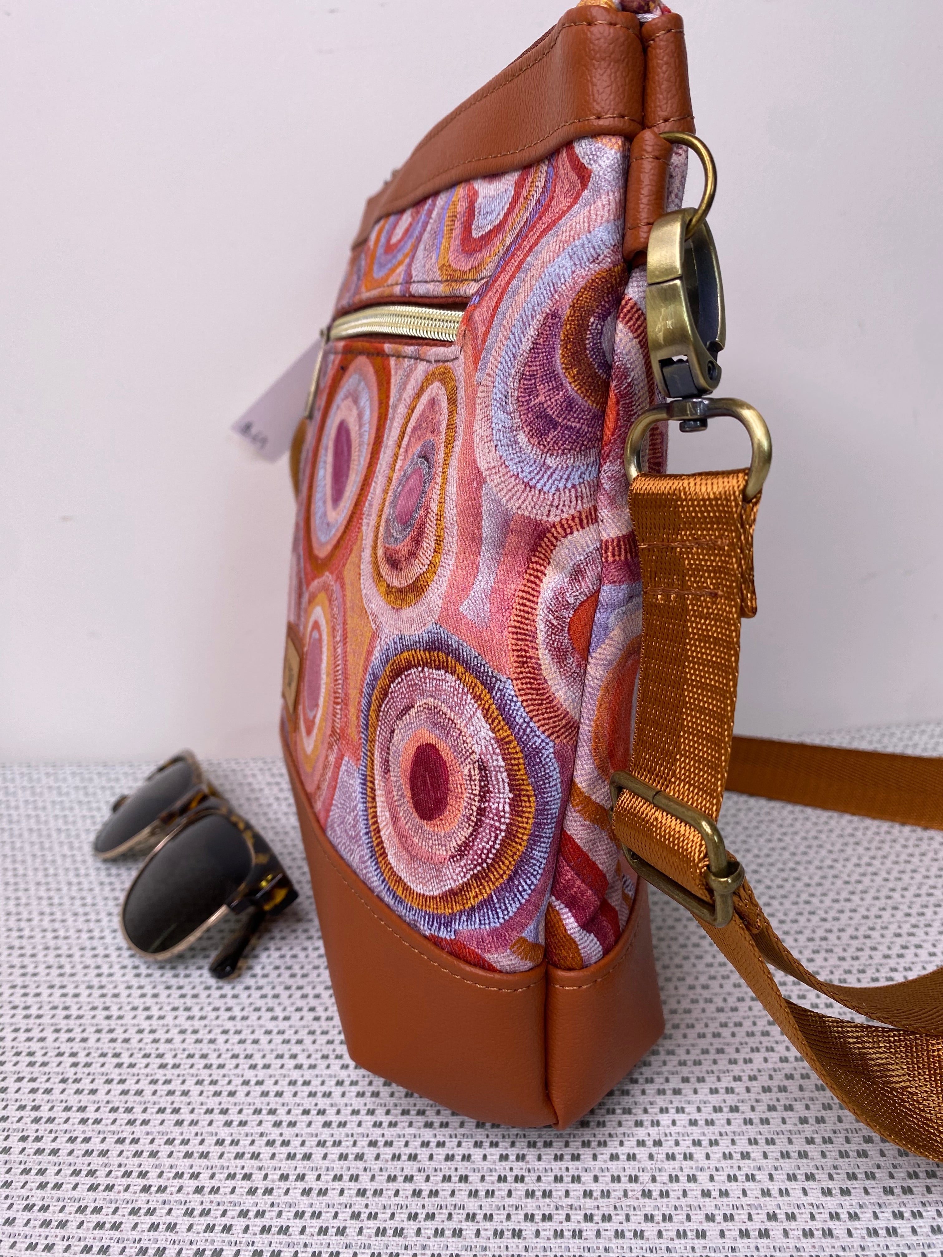 Mia Crossbody Bag Tan Mauve Indigenous Fabric with Brown Faux Leat