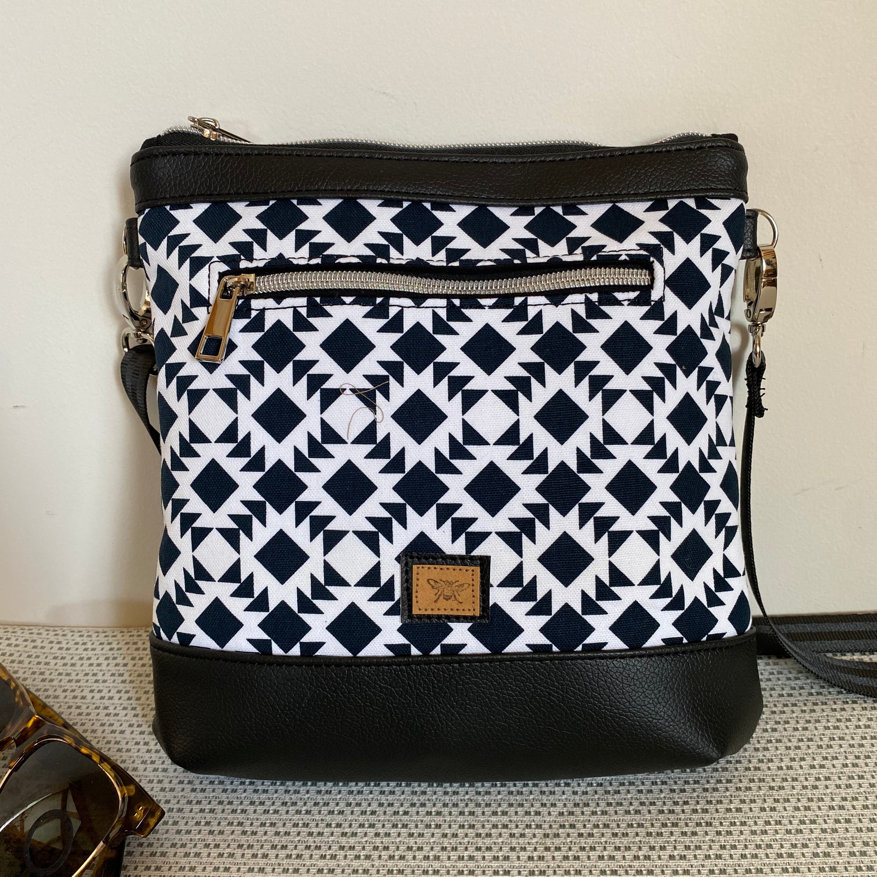 Mia Crossbody Bag - Black & White Geometric Design Fabric with Black Faux Leather