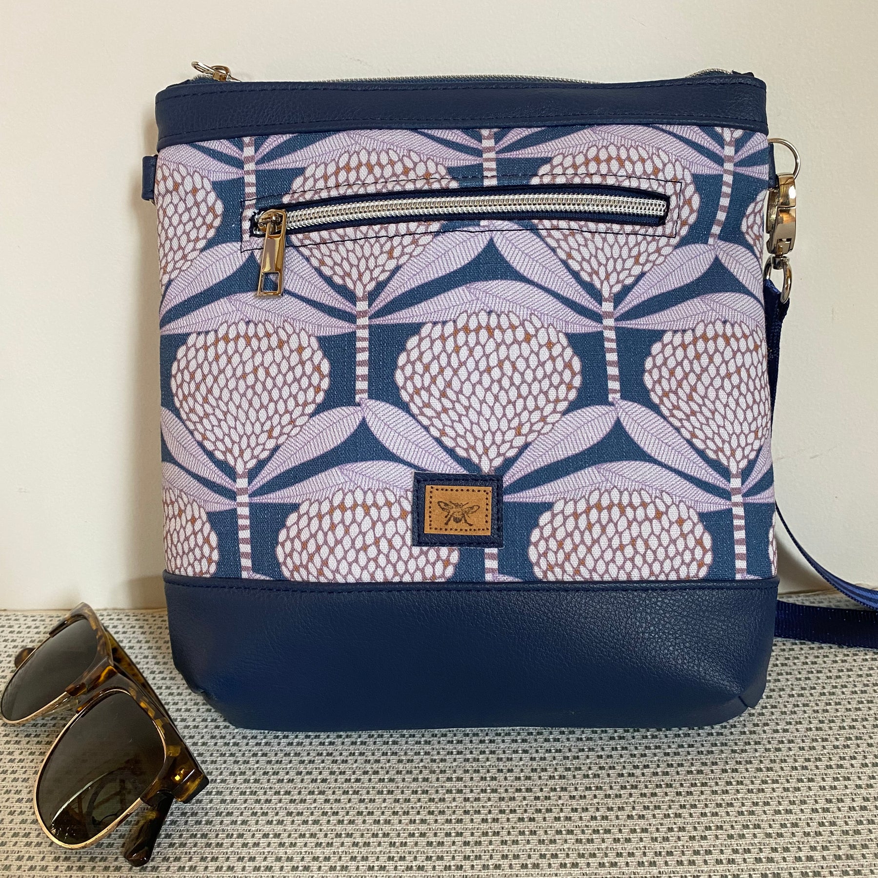 Mia Crossbody Bag - Banksia 0n Blue with Navy Faux Leather