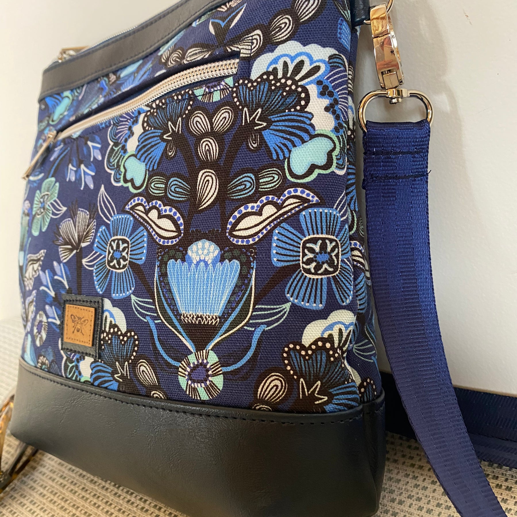 Mia Crossbody Bag - Blue Floral with Navy Faux Leather