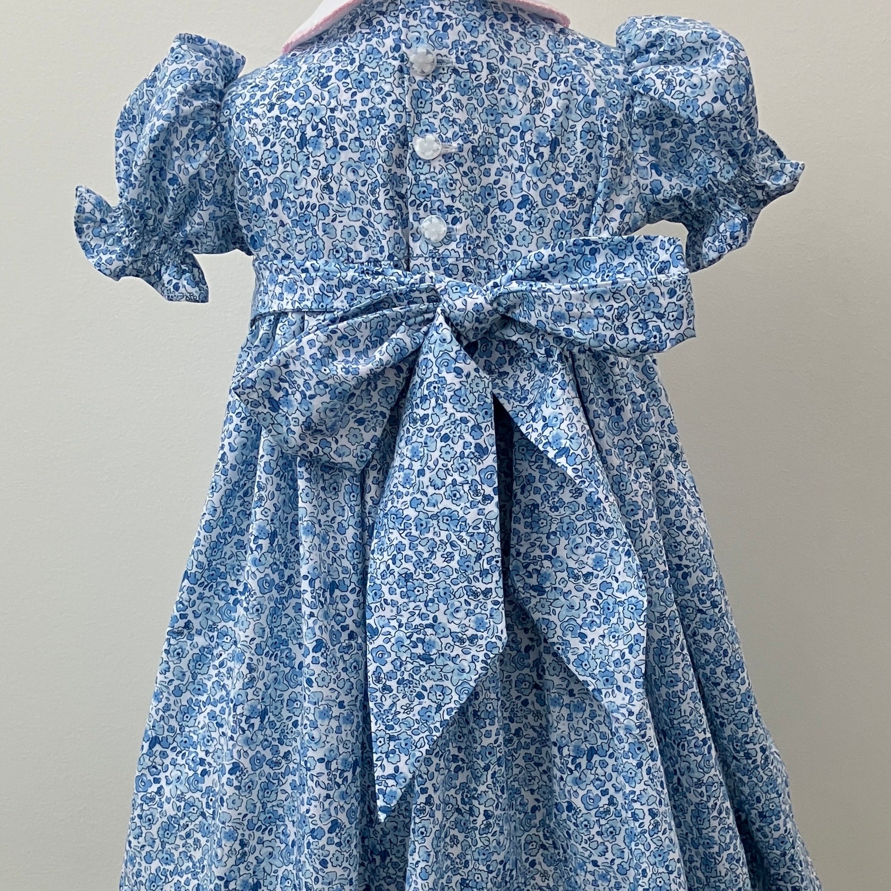 Hand-smocked and embroidered dress - size 2 - blue floral fabric