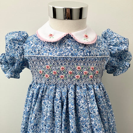 Hand-smocked and embroidered dress - size 2 - blue floral fabric