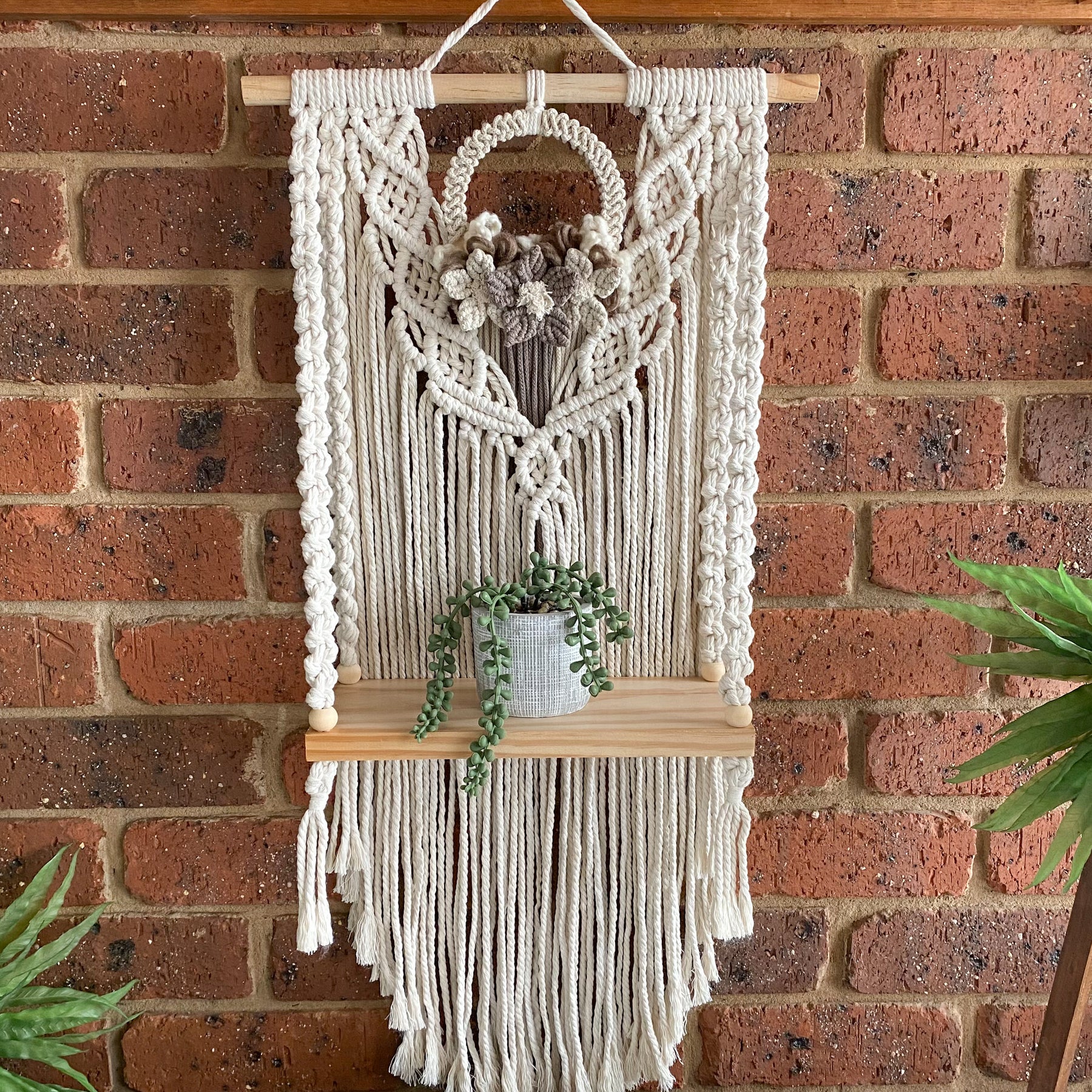 Macrame Floral Wreath Hanging Shelf - Small Size