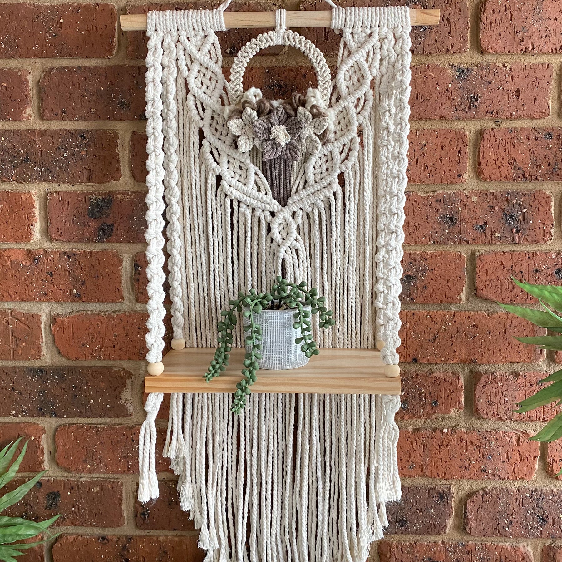 Macrame Floral Wreath Hanging Shelf - Small Size
