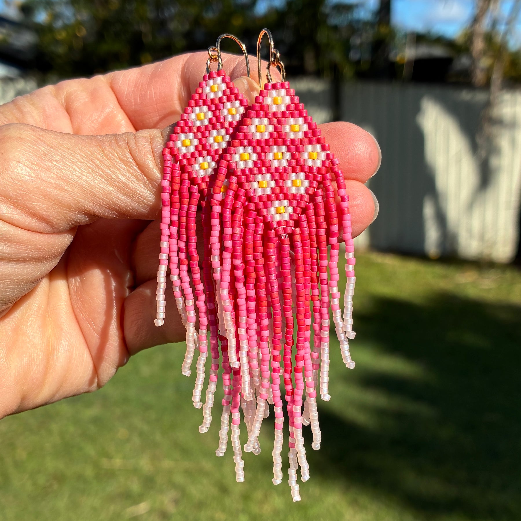 Beaded fringe earrings - Cherry Blossoms
