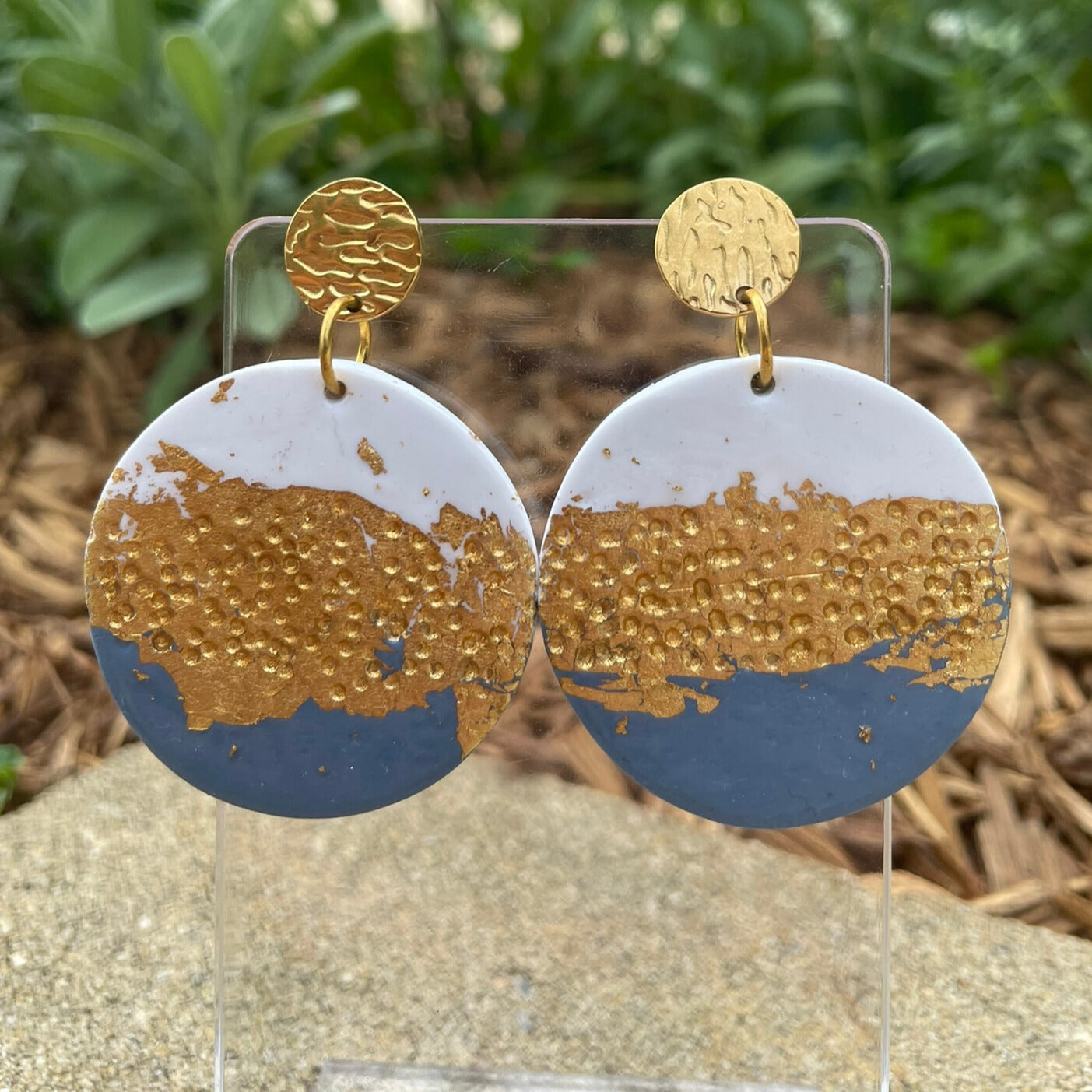 Blue white and gold hand-textured round polymer clay earrings