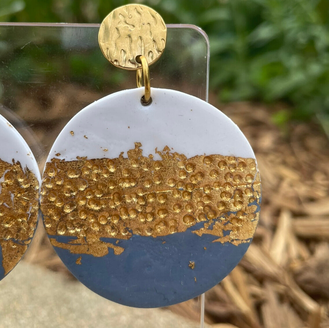 Blue white and gold hand-textured round polymer clay earrings