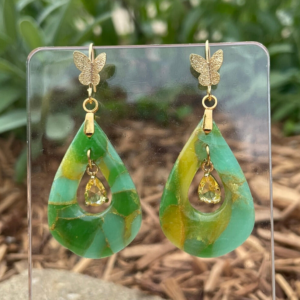 Green aqua and yellow stone look marbled polymer clay earrings butterfly hook