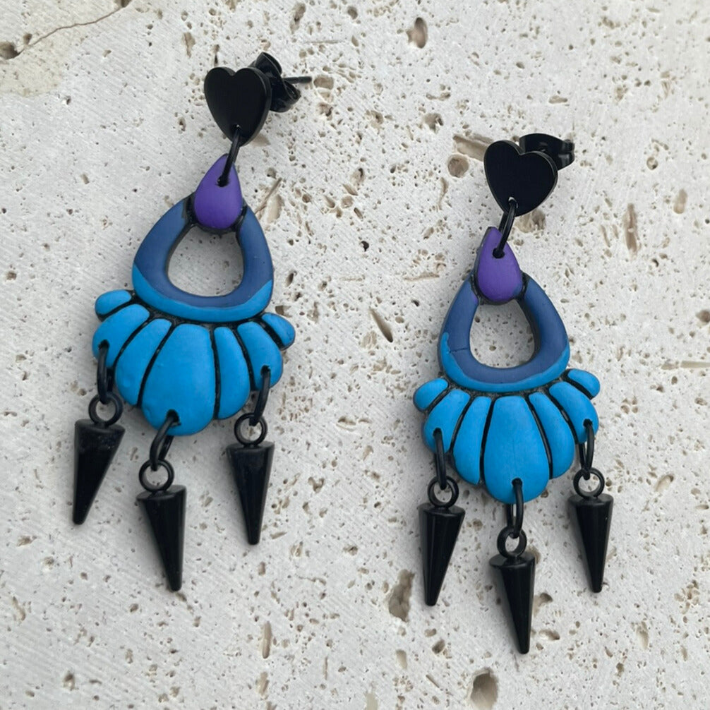 Black blue and purple edgy hand painted polymer clay earrings