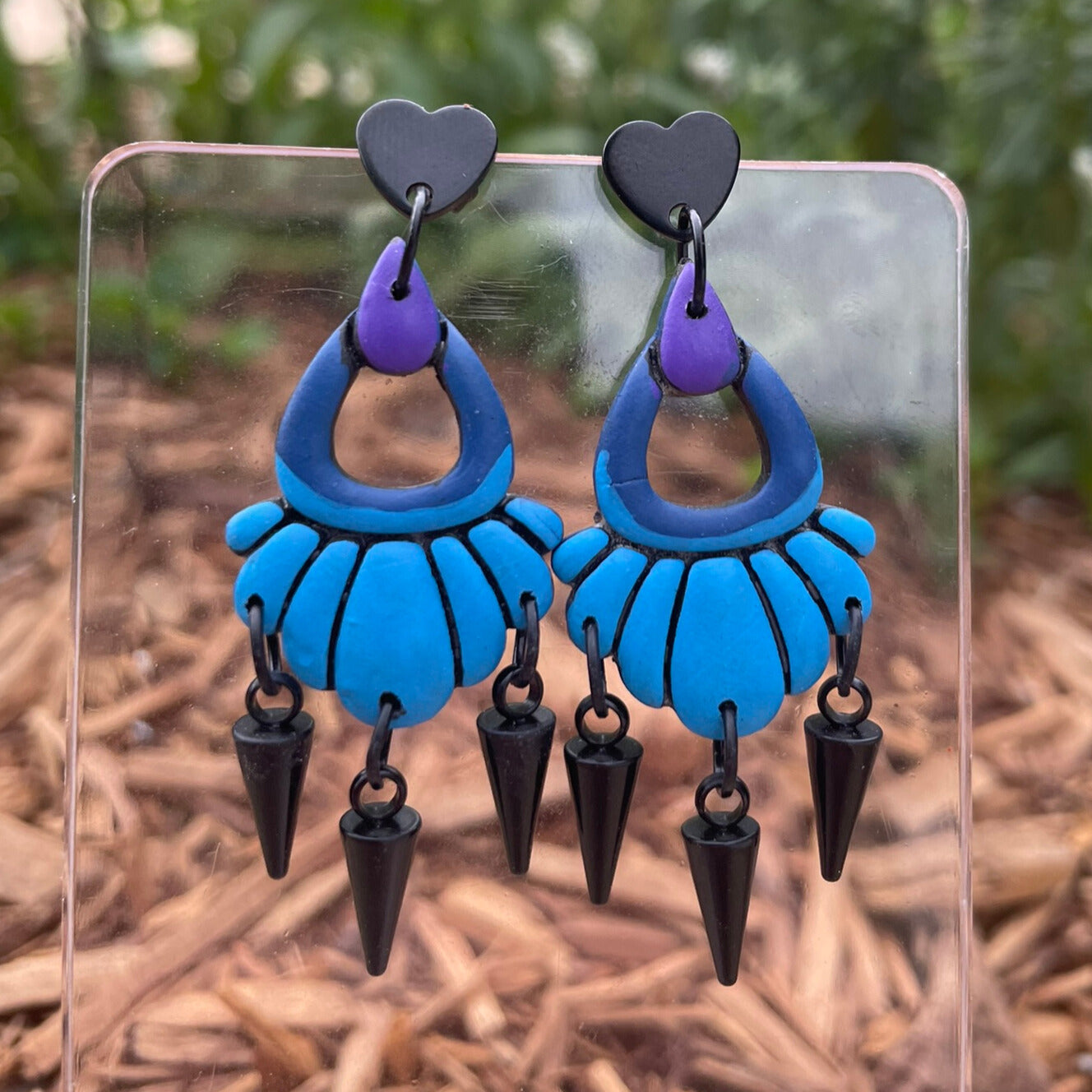 Black blue and purple edgy hand painted polymer clay earrings