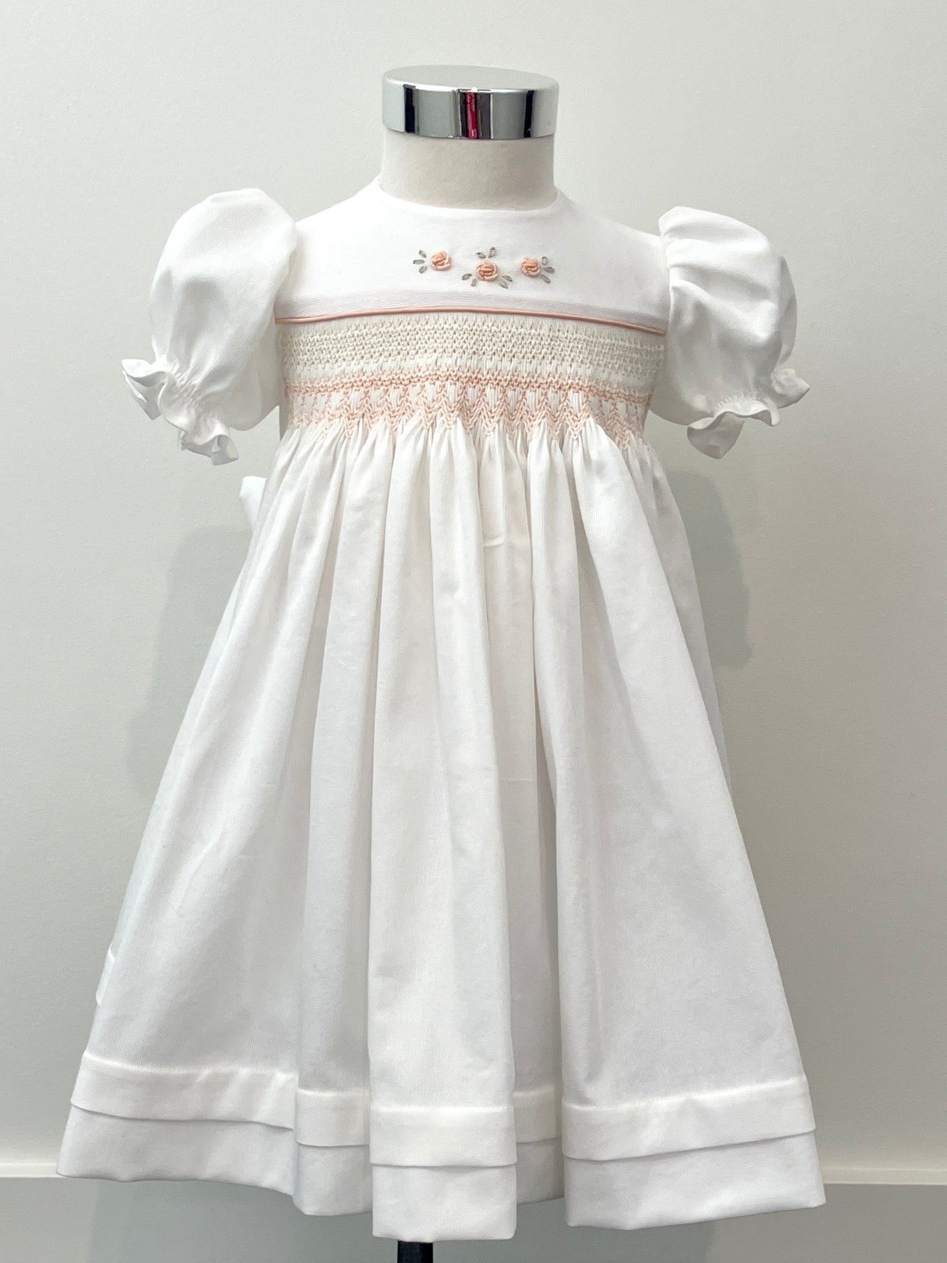 Hand-smocked and embroidered dress - size 2 - ivory with blush tones