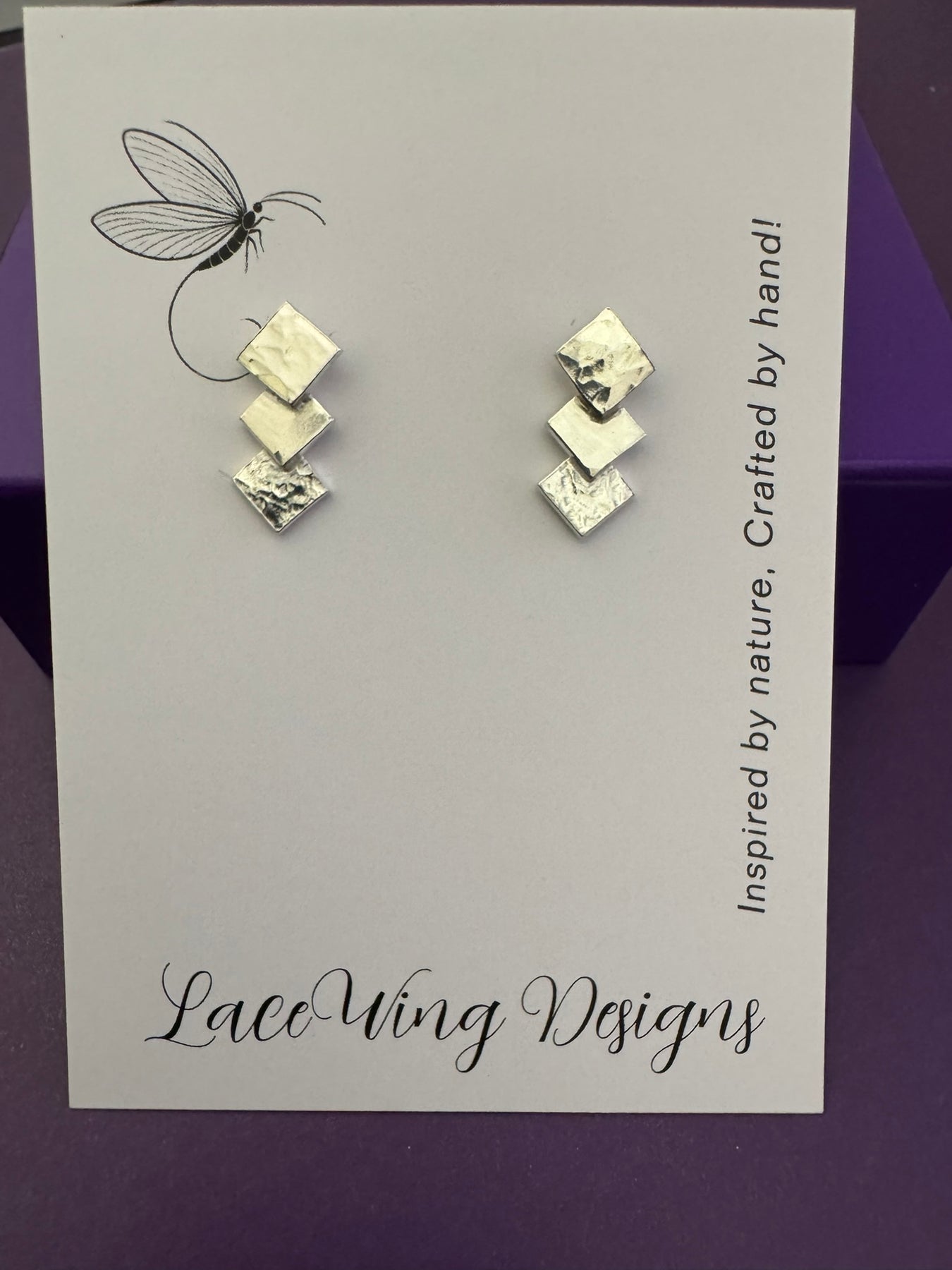 Textured Sterling Silver Triple Square Earrings