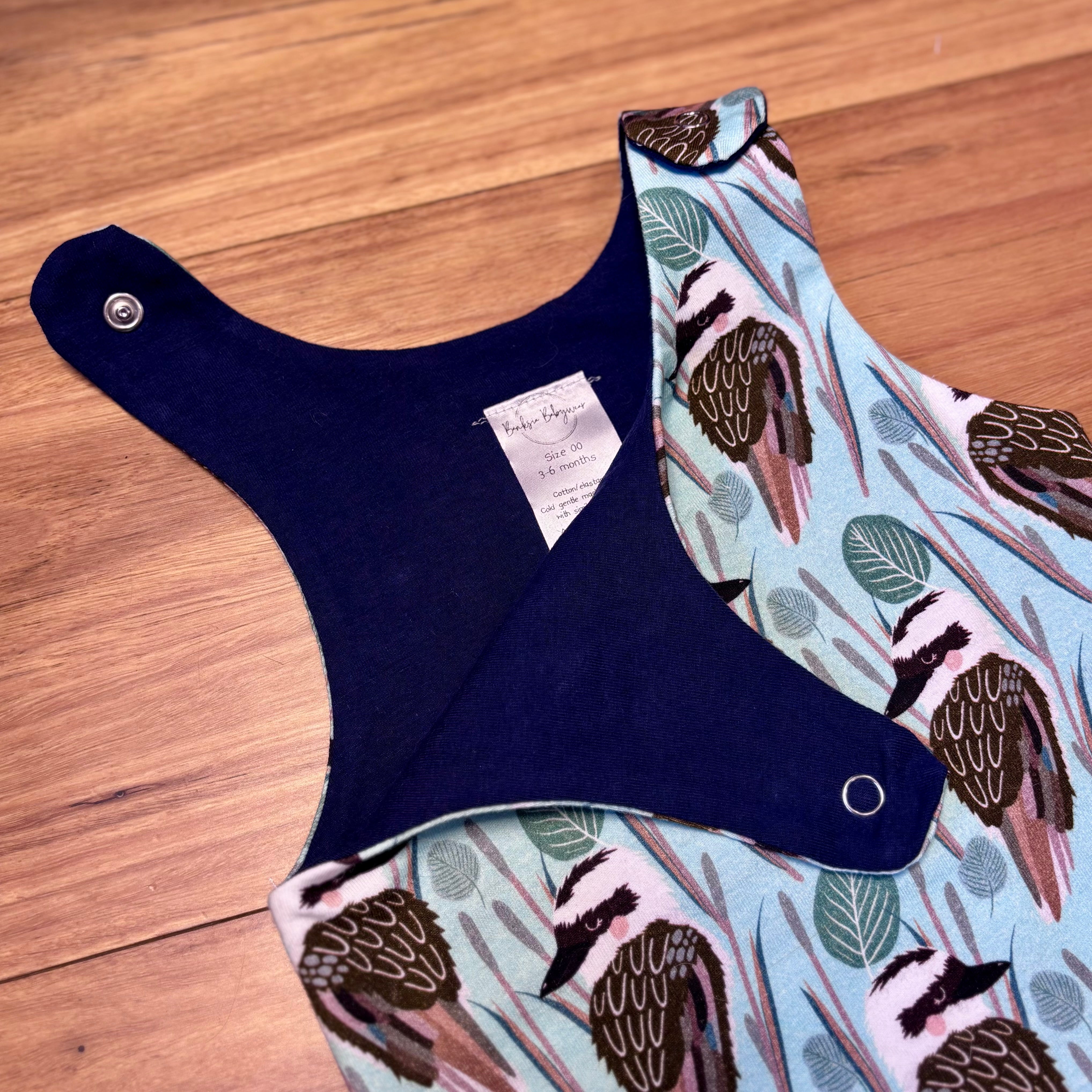 Baby Stretch Overalls | Blue Kookaburras | Size 000 to 3 | Made to order