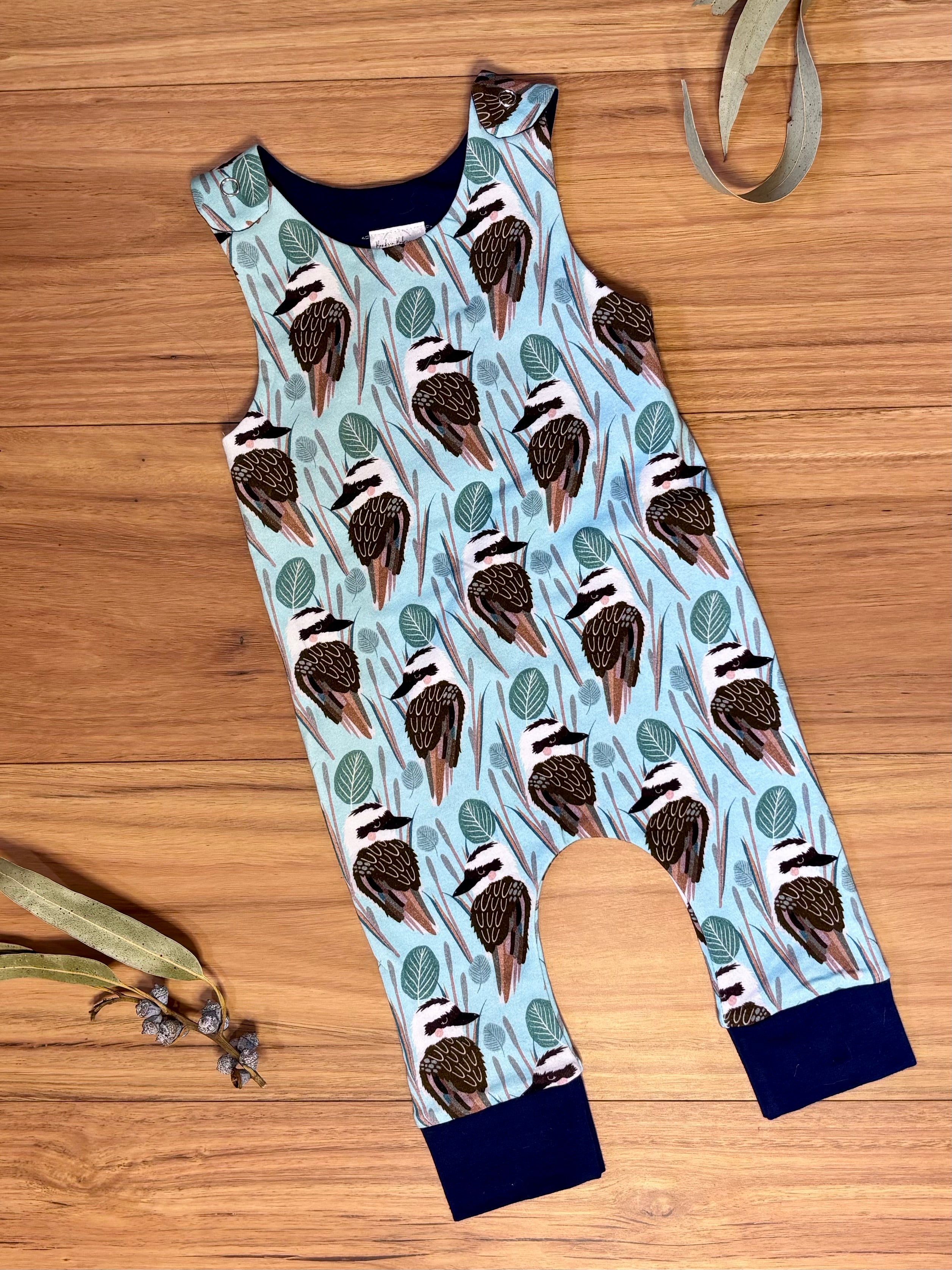 Baby Stretch Overalls | Blue Kookaburras | Size 000 to 3 | Made to order