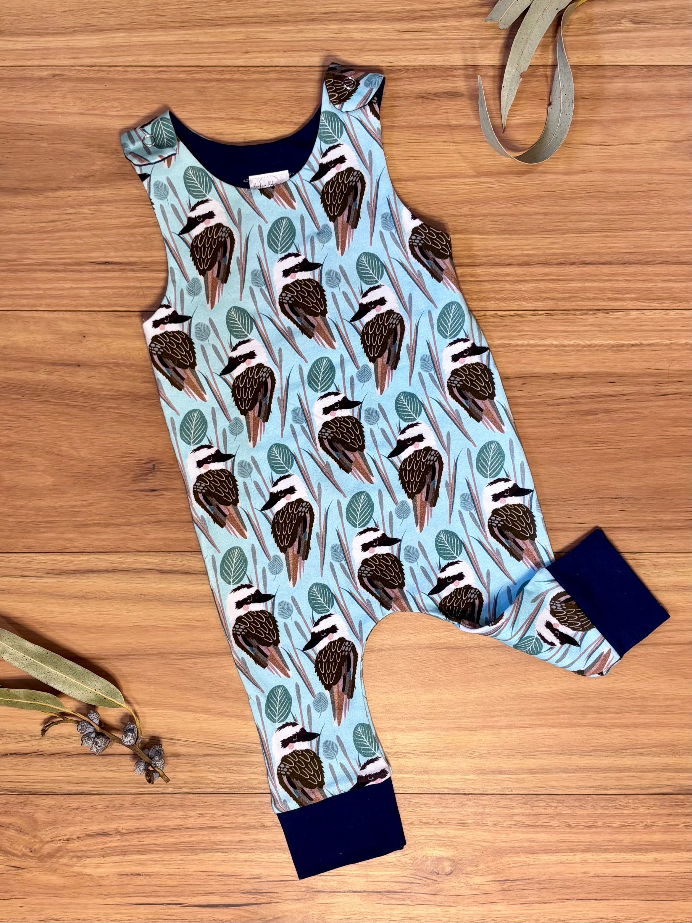 Baby Stretch Overalls | Blue Kookaburras | Size 000 to 3 | Made to order